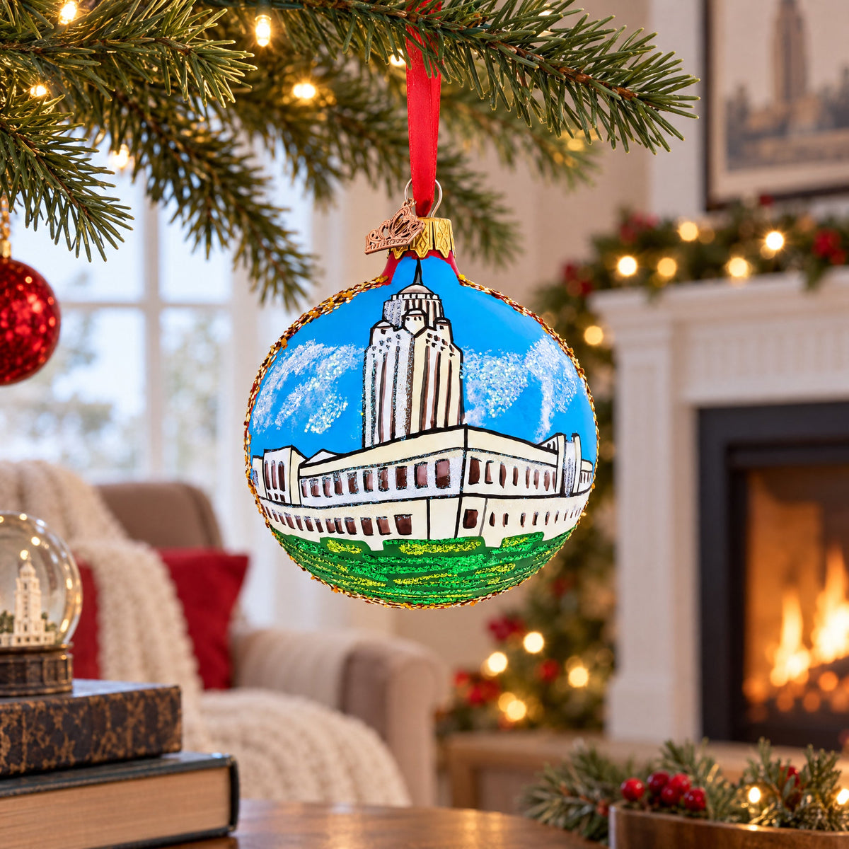Nebraska State Capitol, Lincoln, Nebraska Glass Ball Christmas Ornament 3.25 Inches