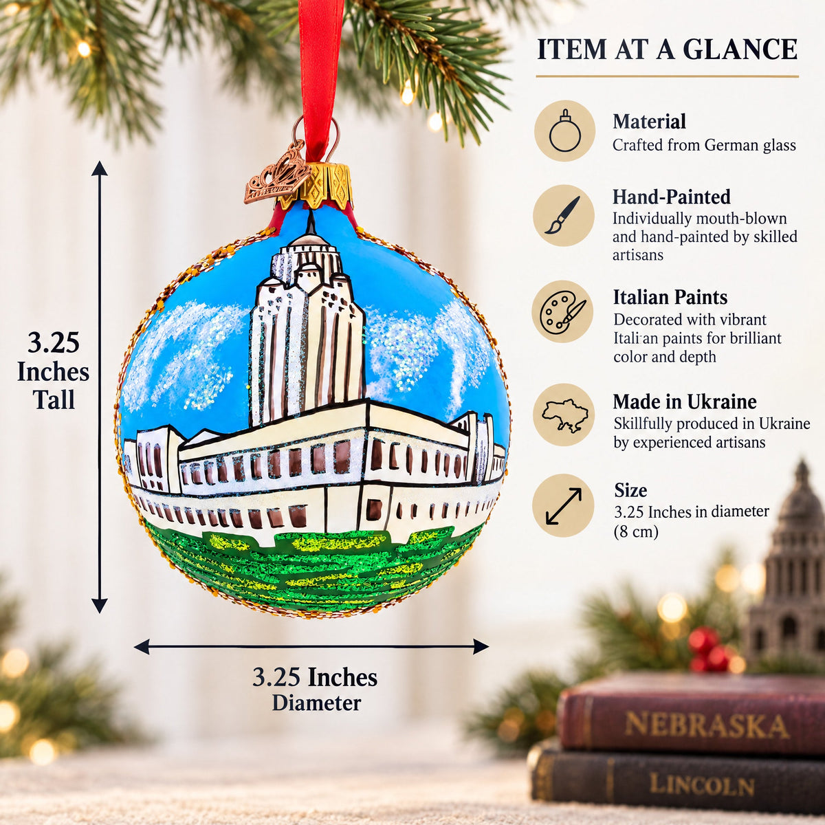 Nebraska State Capitol, Lincoln, Nebraska Glass Ball Christmas Ornament 3.25 Inches