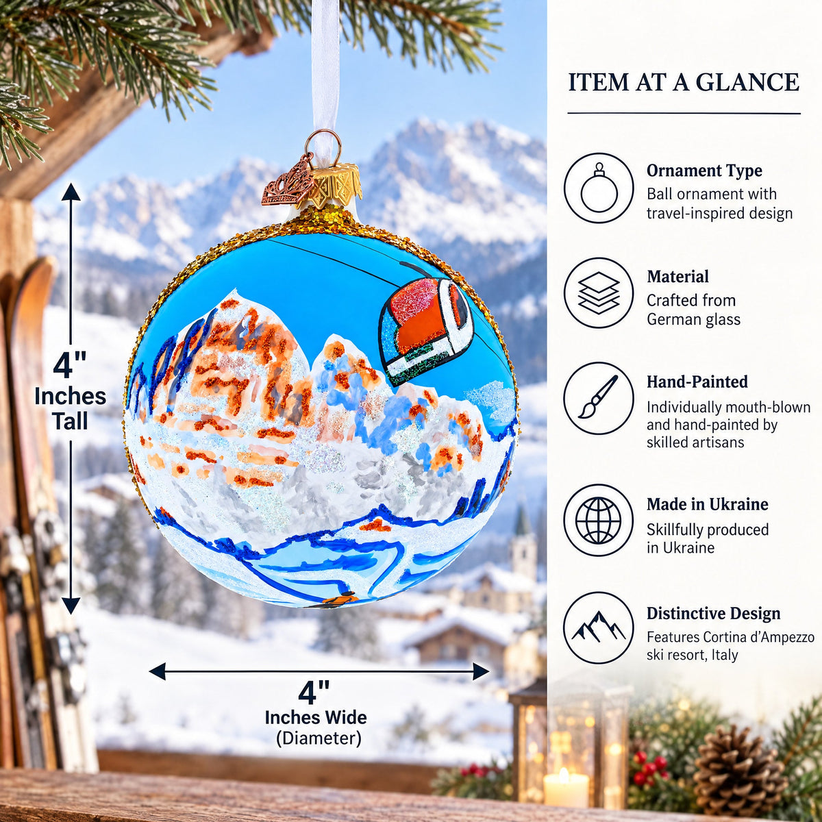 Cortina d'Ampezzo Ski Resort, Italy Glass Ball Christmas Ornament 4 Inches