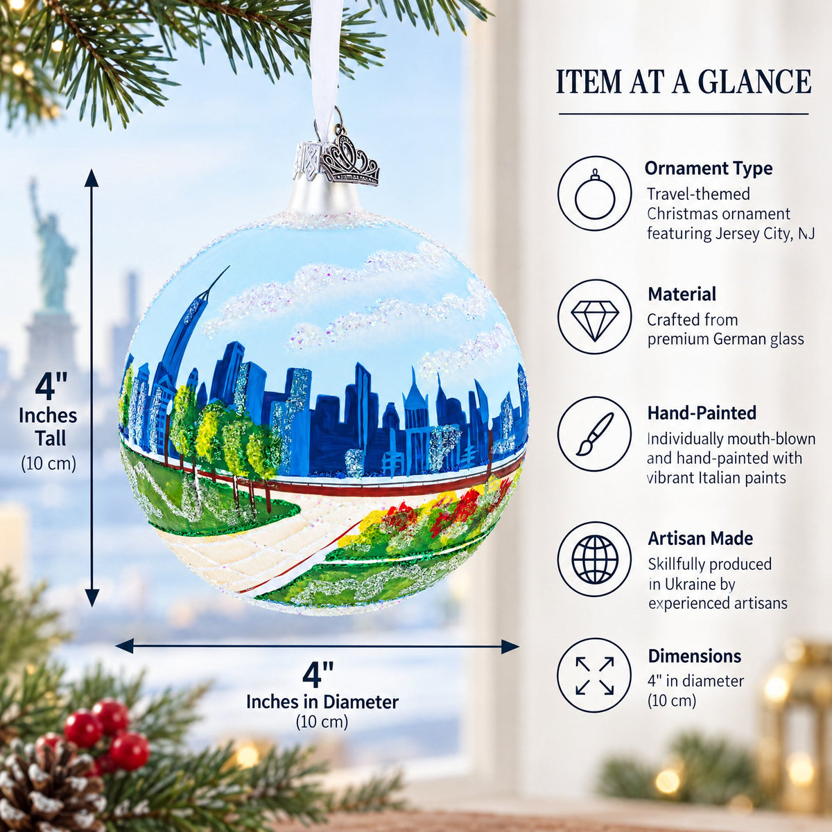 Liberty State Park, Jersey City, New Jersey Glass Ball Christmas Ornament 4 Inches