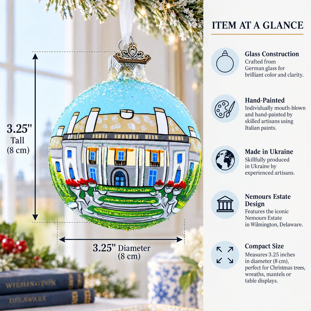 Nemours Estate, Wilmington, Delaware Glass Ball Christmas Ornament 3.25 Inches