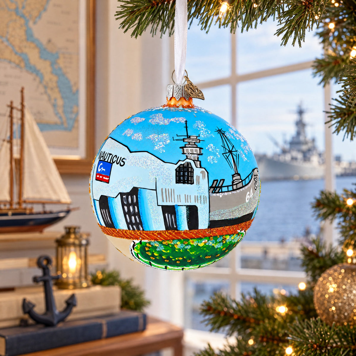 Battleship Wisconsin at Nautilus, Norfolk, Virginia Glass Ball Christmas Ornament 4 Inches