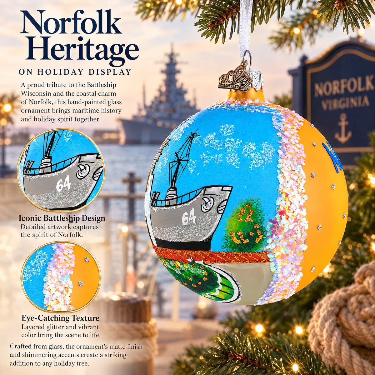 Battleship Wisconsin at Nautilus, Norfolk, Virginia Glass Ball Christmas Ornament 4 Inches