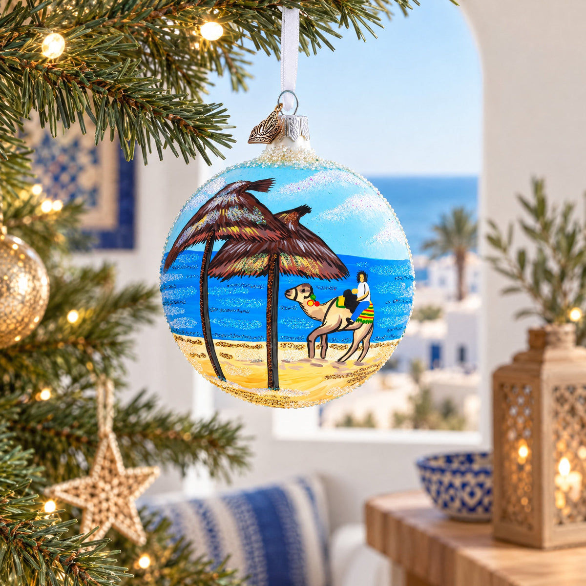 Beach at Hammamet, Tunisia Glass Ball Christmas Ornament 4 Inches