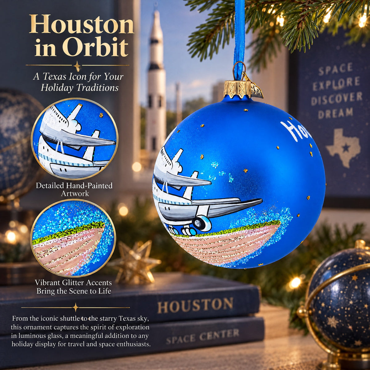 Space Center, Houston, Texas Glass Ball Christmas Ornament 4 Inches