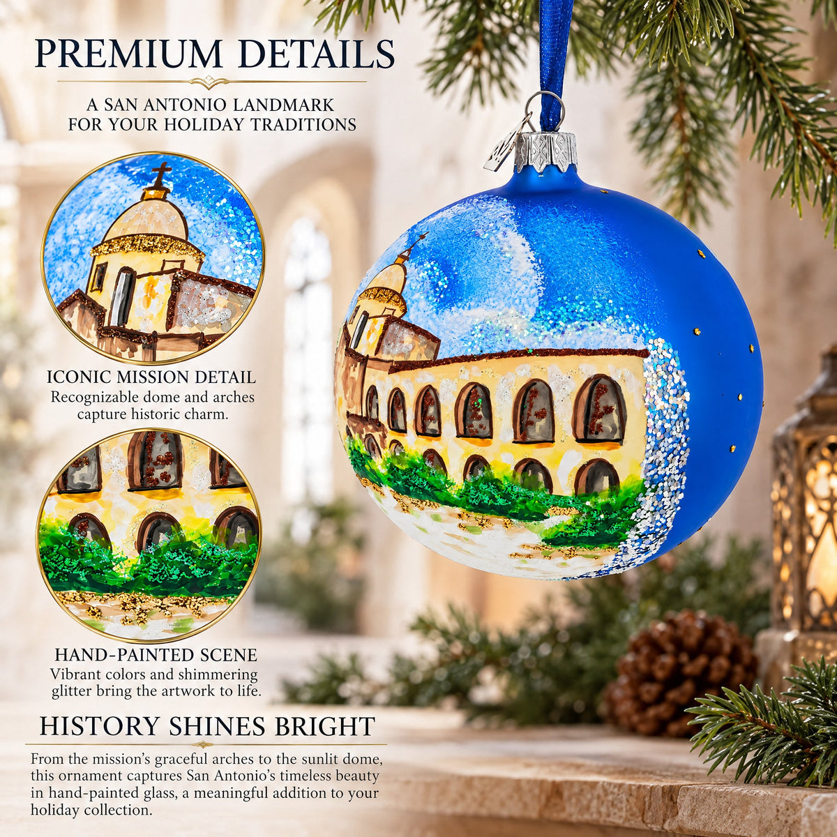 Mission San Jose, San Antonio, Texas Glass Ball Christmas Ornament 4 Inches