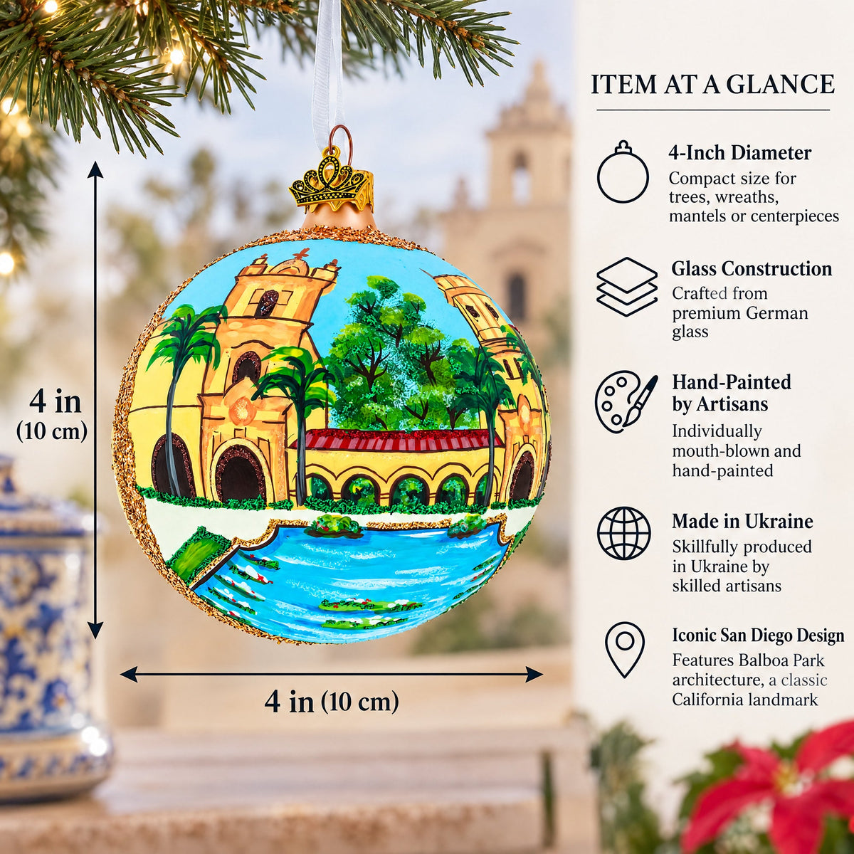 Balboa Park, San Diego, California Glass Ball Christmas Ornament 4 Inches