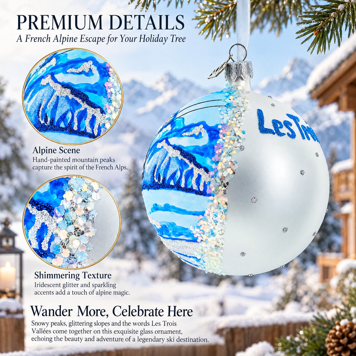 Les Trois Vallees Ski Resorts, France Glass Ball Christmas Ornament 4 Inches