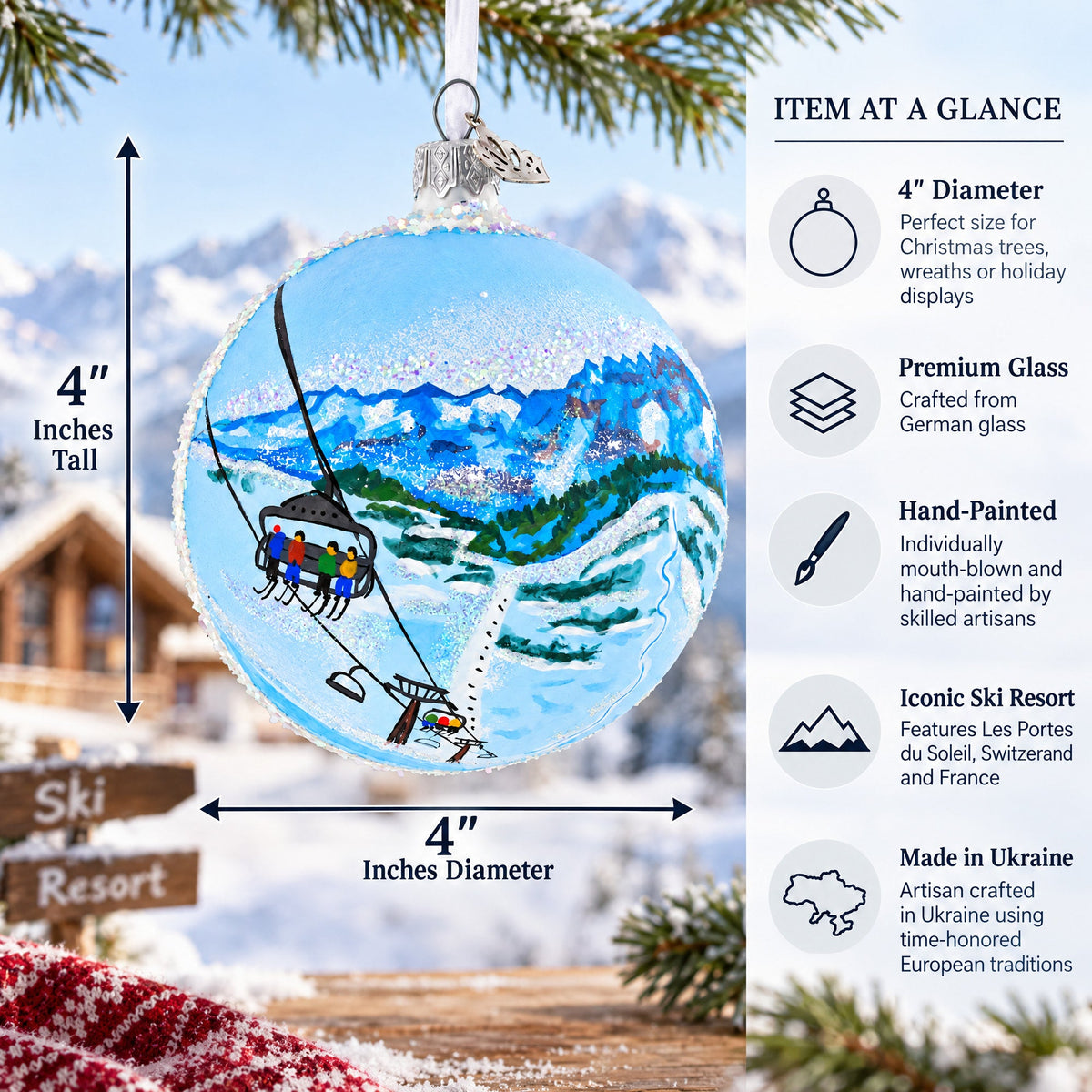 Les Portes du Soleil Ski Resort, Switzerland and France Glass Christmas Ornament