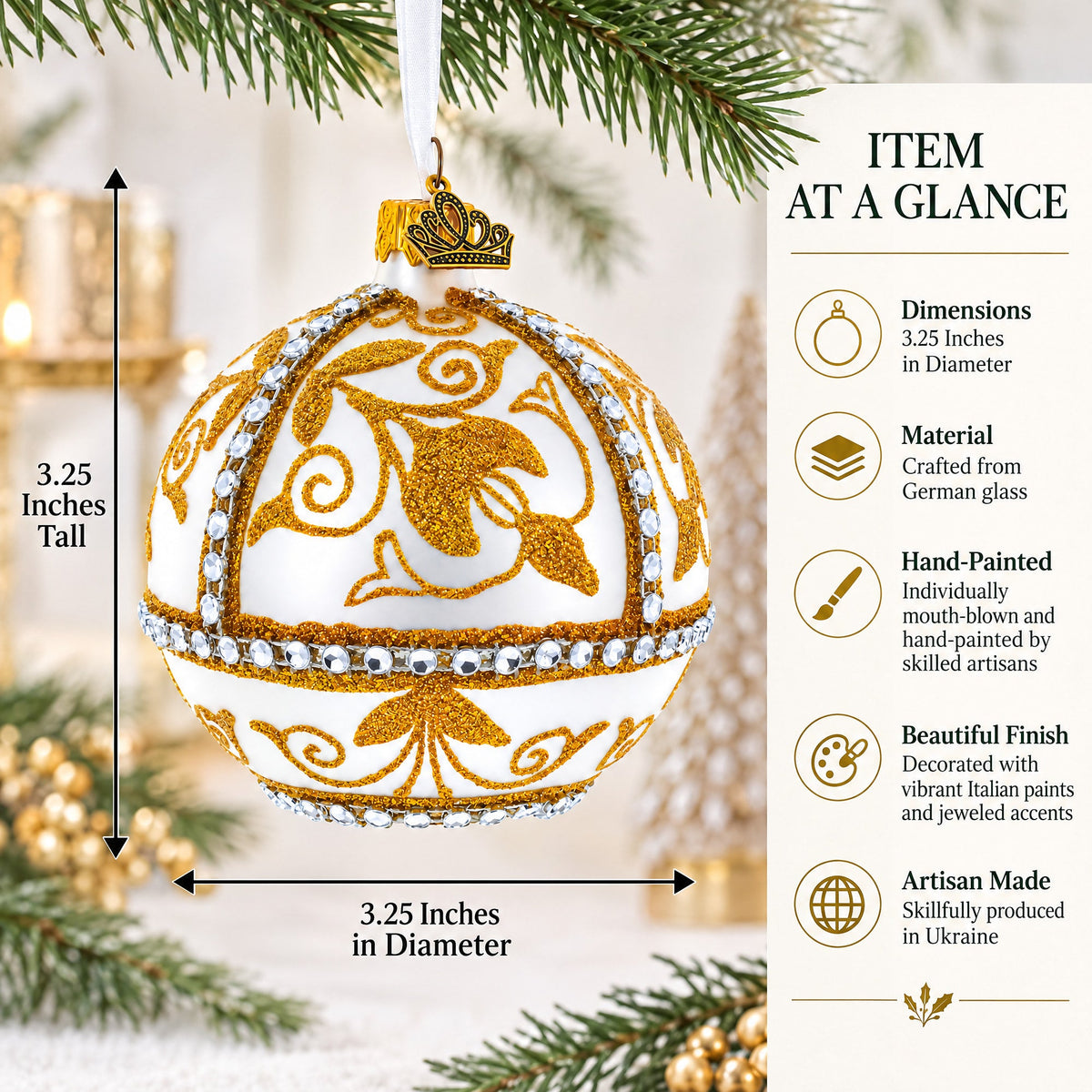 Jeweled Golden Chandelier on Silver Glass Ball Christmas Ornament 3.25 Inches