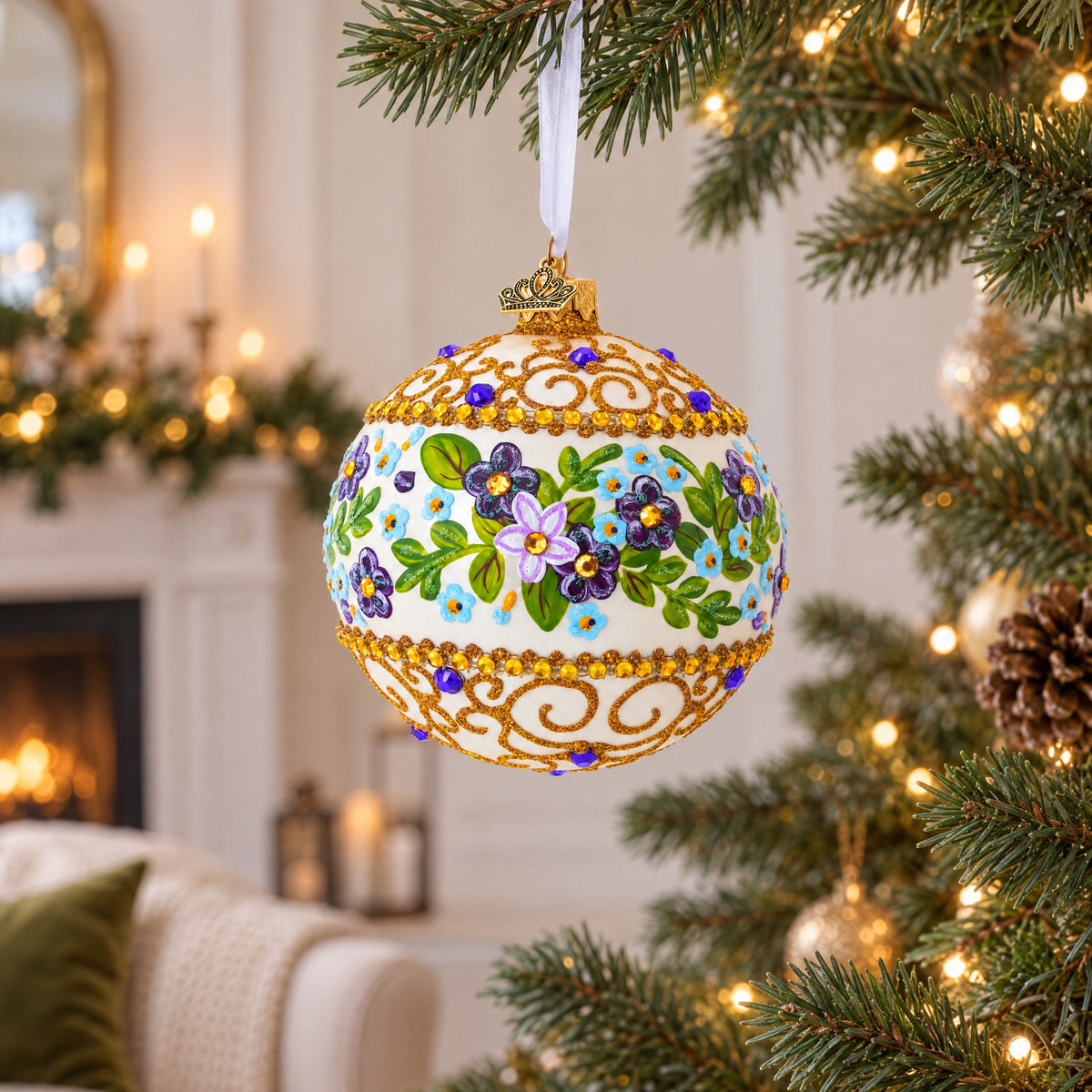 Flowers Swirl Glass Ball Christmas Ornament 4 Inches