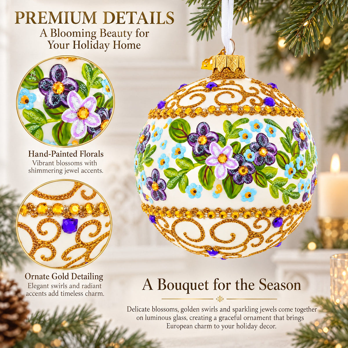 Flowers Swirl Glass Ball Christmas Ornament 4 Inches