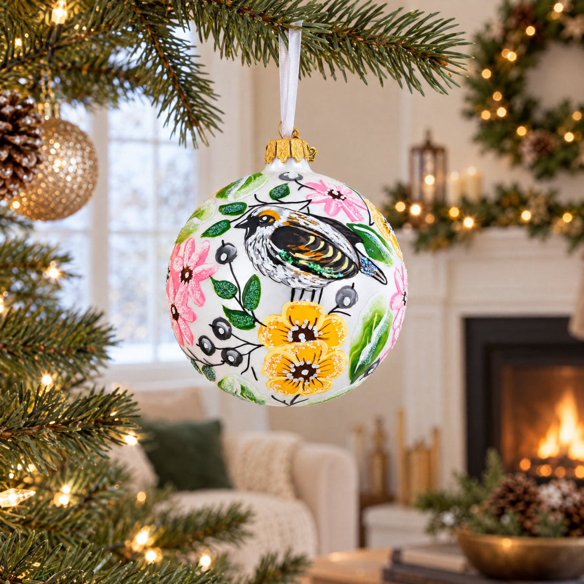 Birds Singing Extravaganza Glass Ball Christmas Ornament 4 Inches