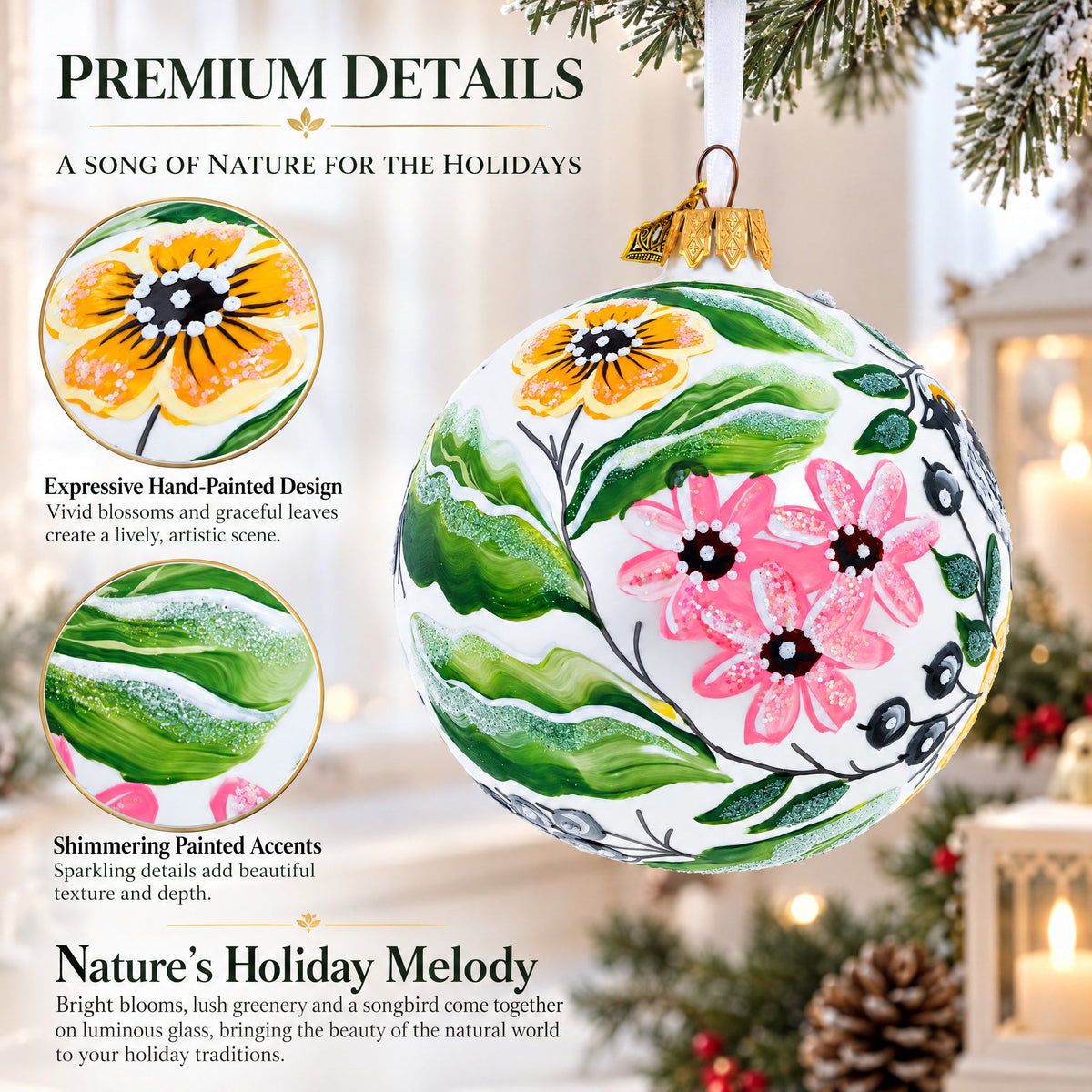 Birds Singing Extravaganza Glass Ball Christmas Ornament 4 Inches