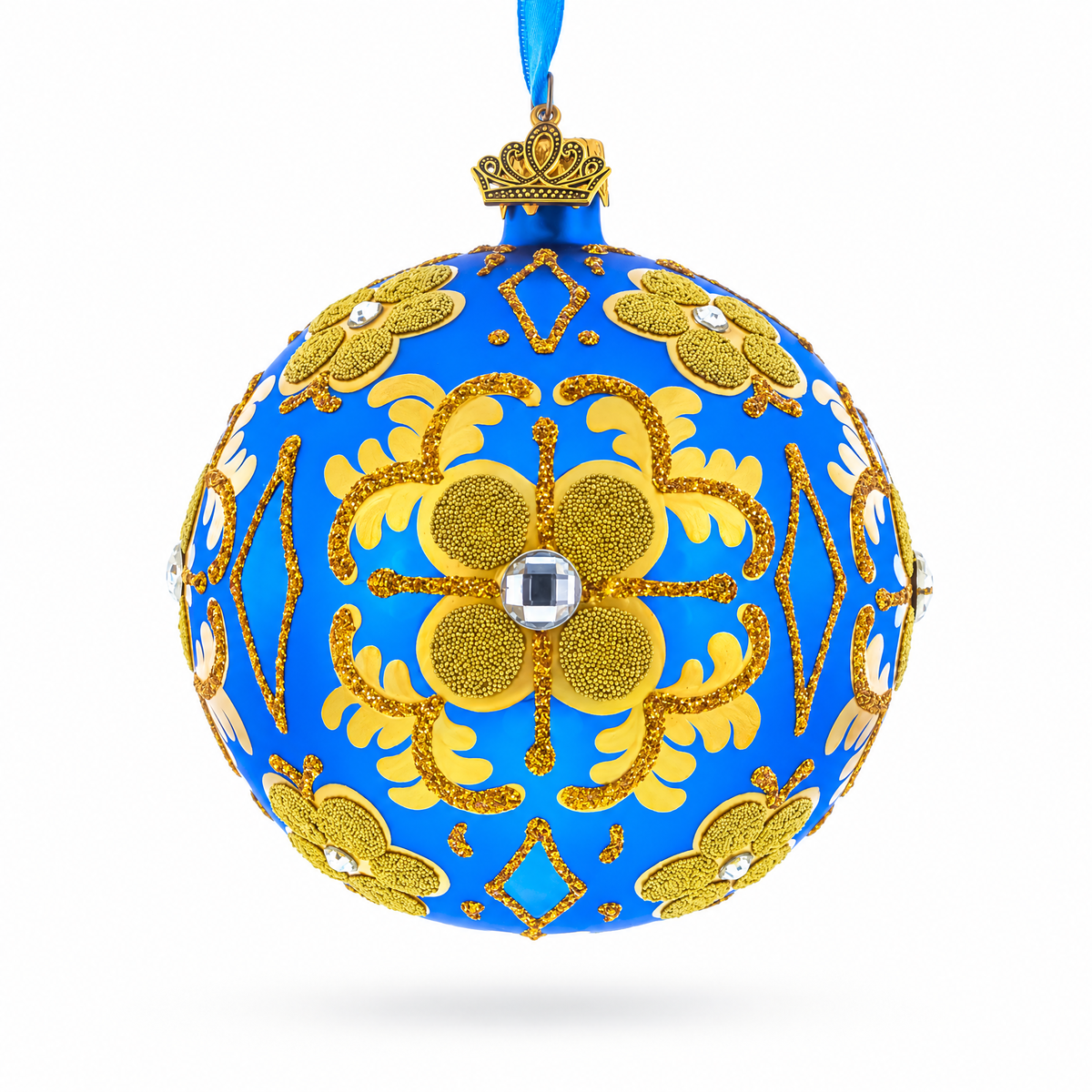 Jeweled Golden Leaves on Blue Glass Ball Christmas Ornament 4 Inches