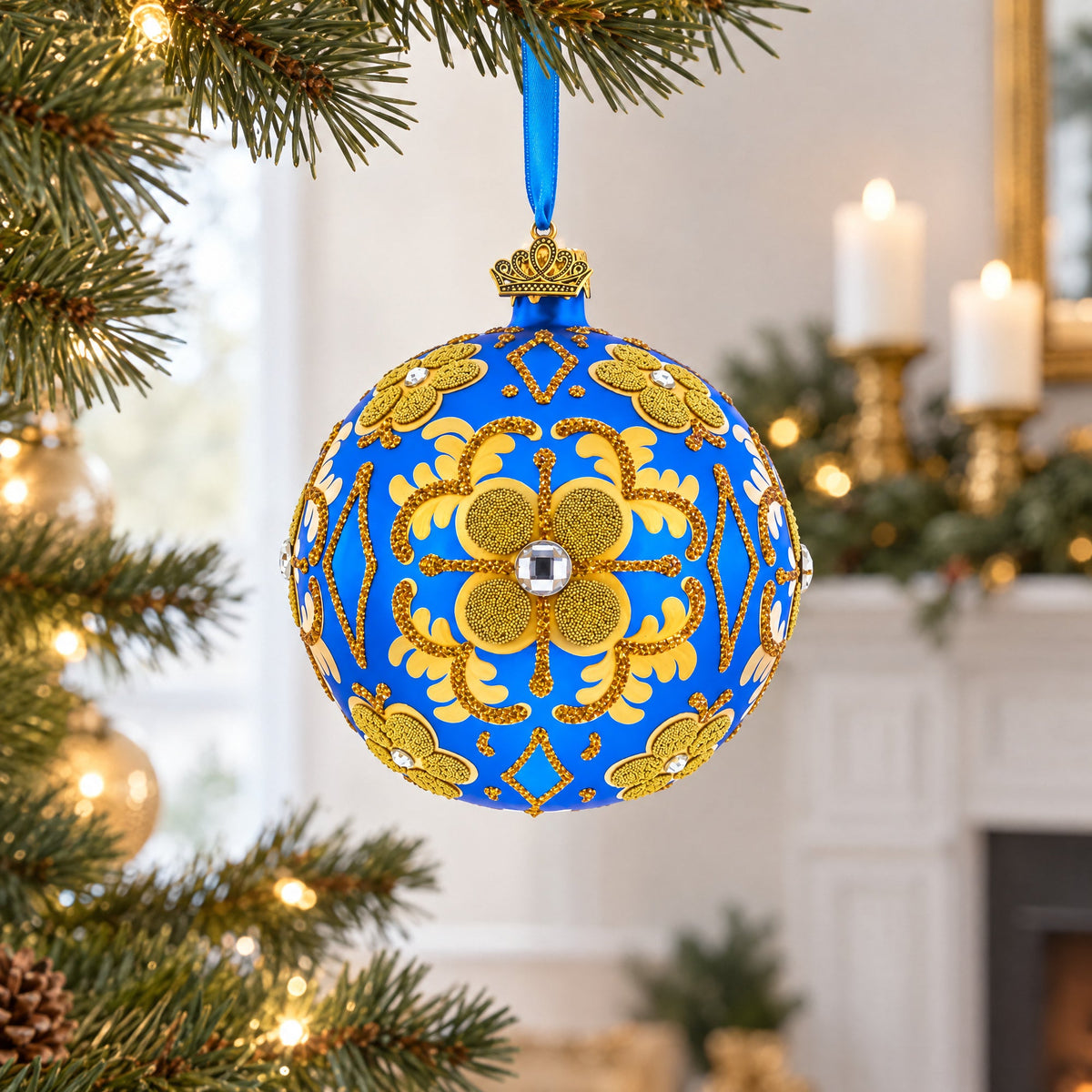 Jeweled Golden Leaves on Blue Glass Ball Christmas Ornament 4 Inches