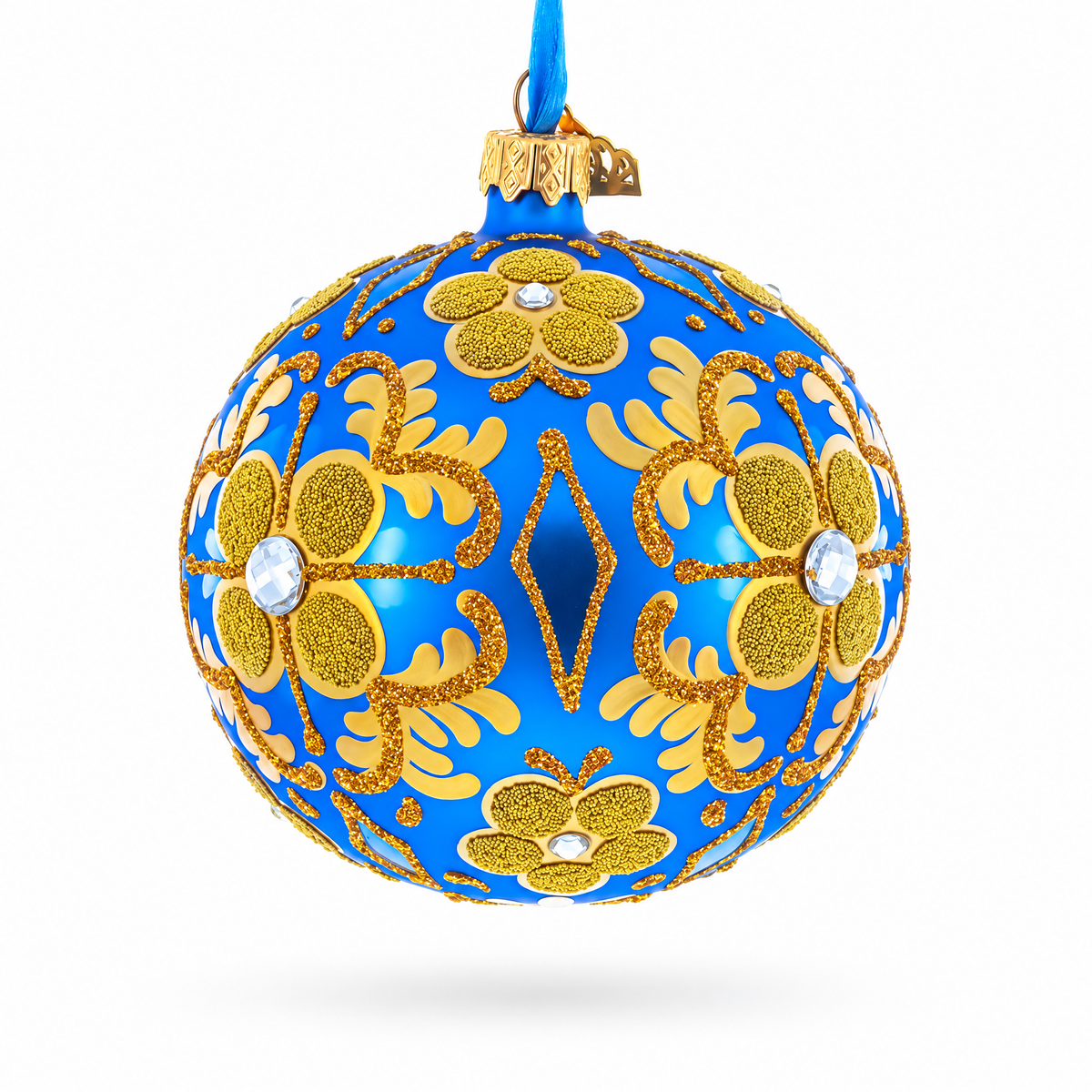Jeweled Golden Leaves on Blue Glass Ball Christmas Ornament 4 Inches