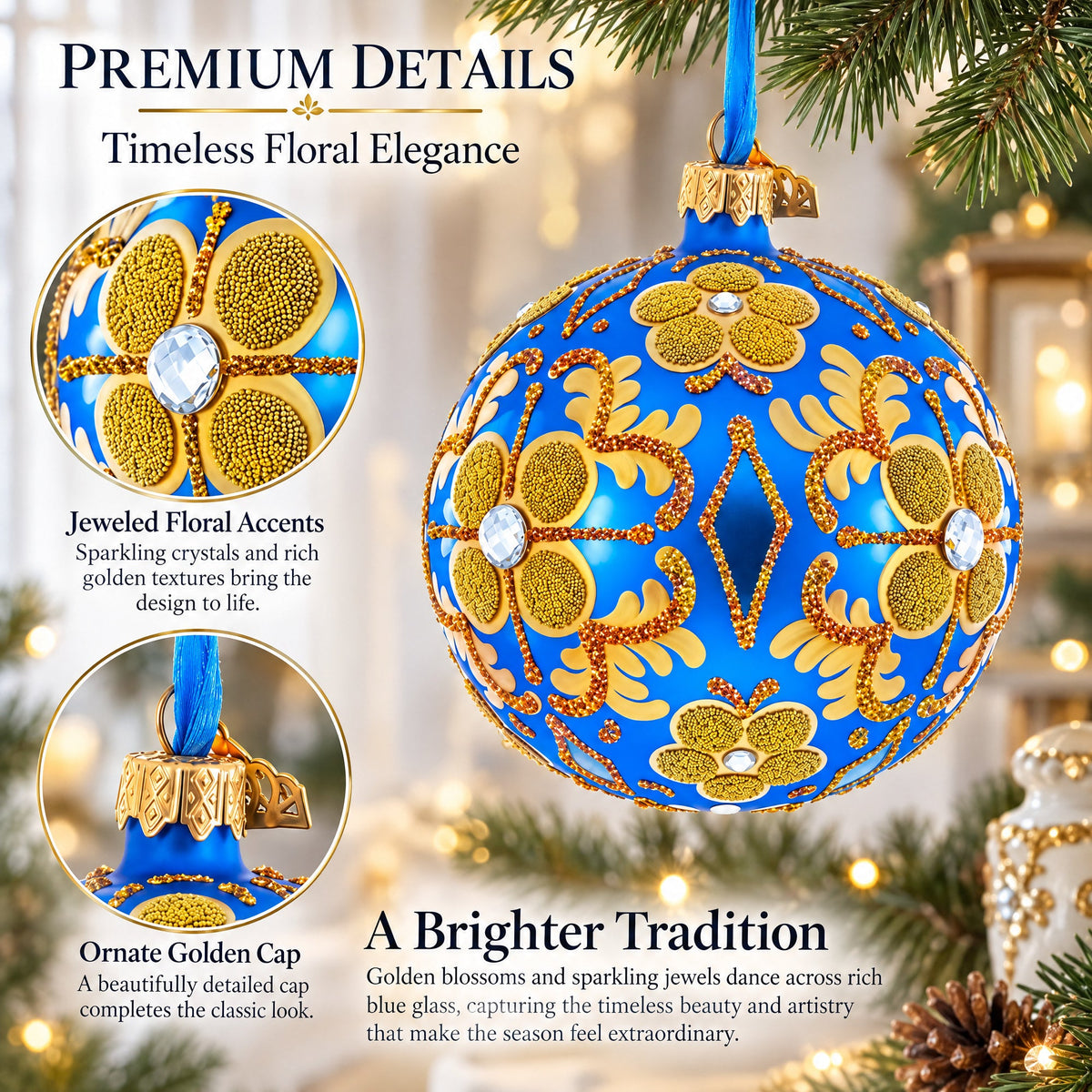 Jeweled Golden Leaves on Blue Glass Ball Christmas Ornament 4 Inches