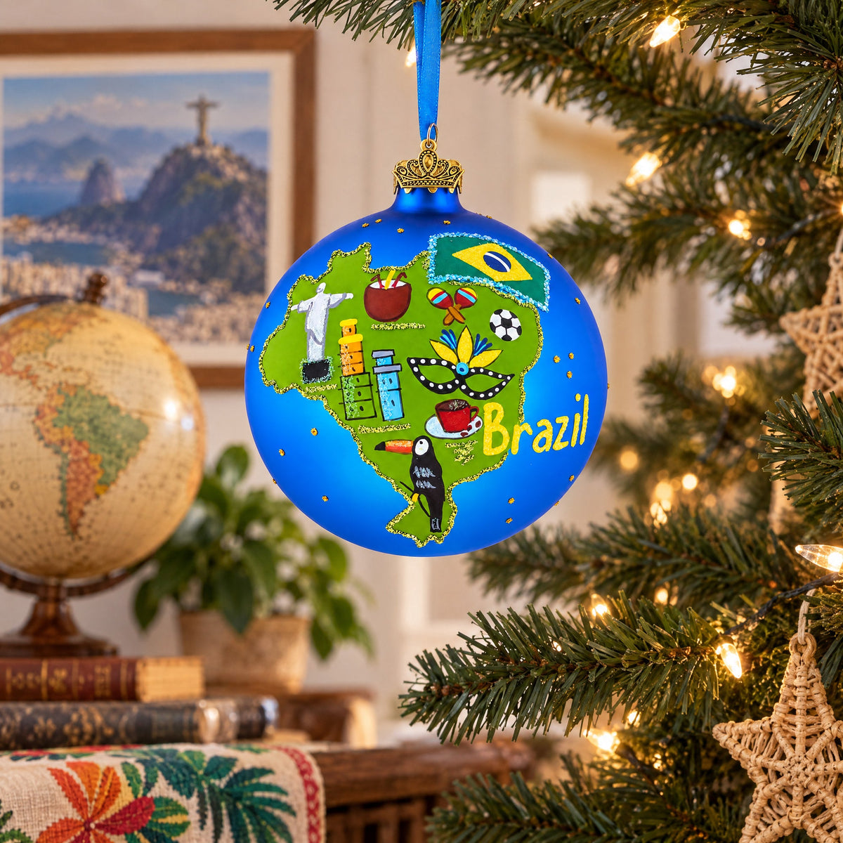 Brazil Landmarks and Symbols Glass Ball Christmas Ornament 4 Inches