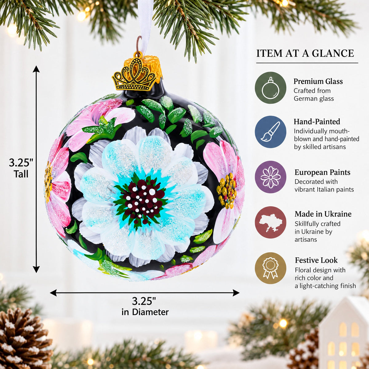 Pink and White Floral Blossoms Glass Ball Christmas Ornament 3.25 Inches
