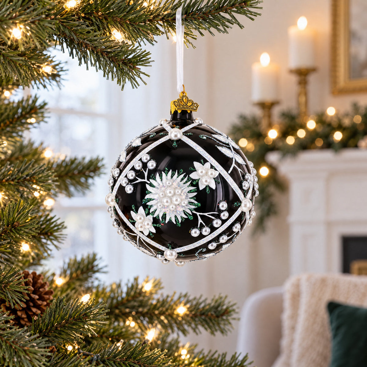 Pearl-Encrusted White Floral Design on Black Glass Ball Christmas Ornament 4 Inches
