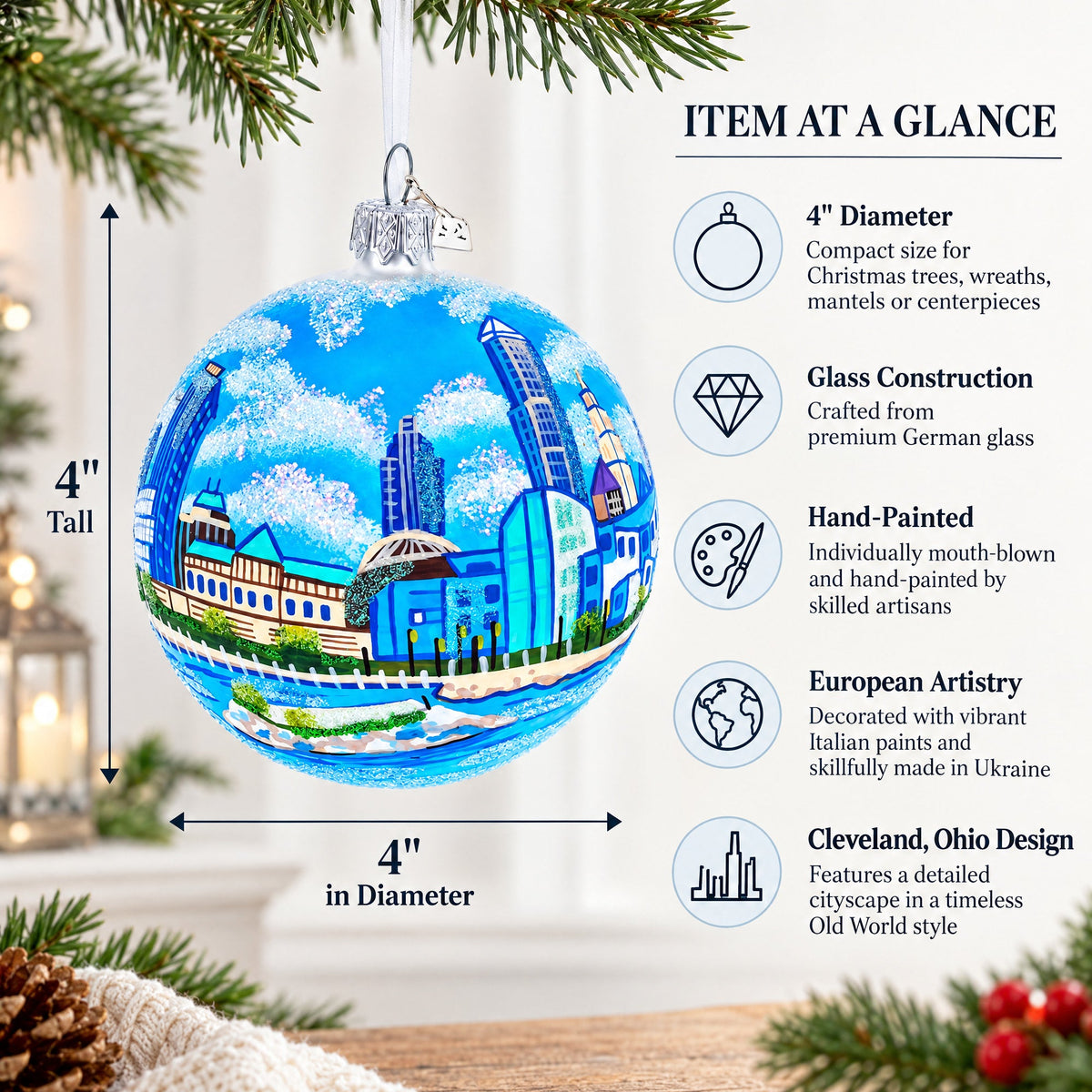 Cityscape of Cleveland, Ohio Glass Ball Christmas Ornament