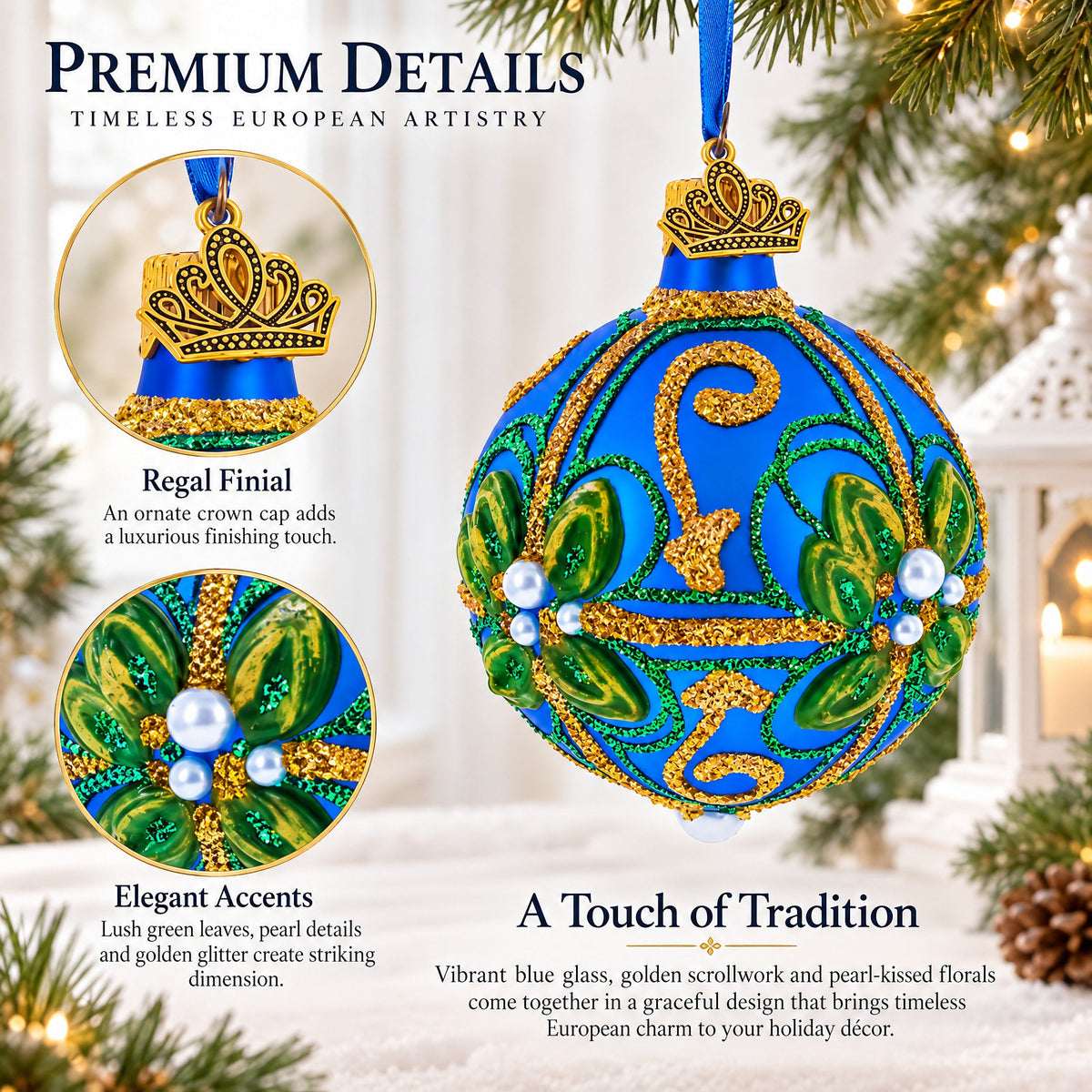 Green & Gold Glitter Pearls & Floral Accents Blue Glass Ball Christmas Ornament 2.4 Inches