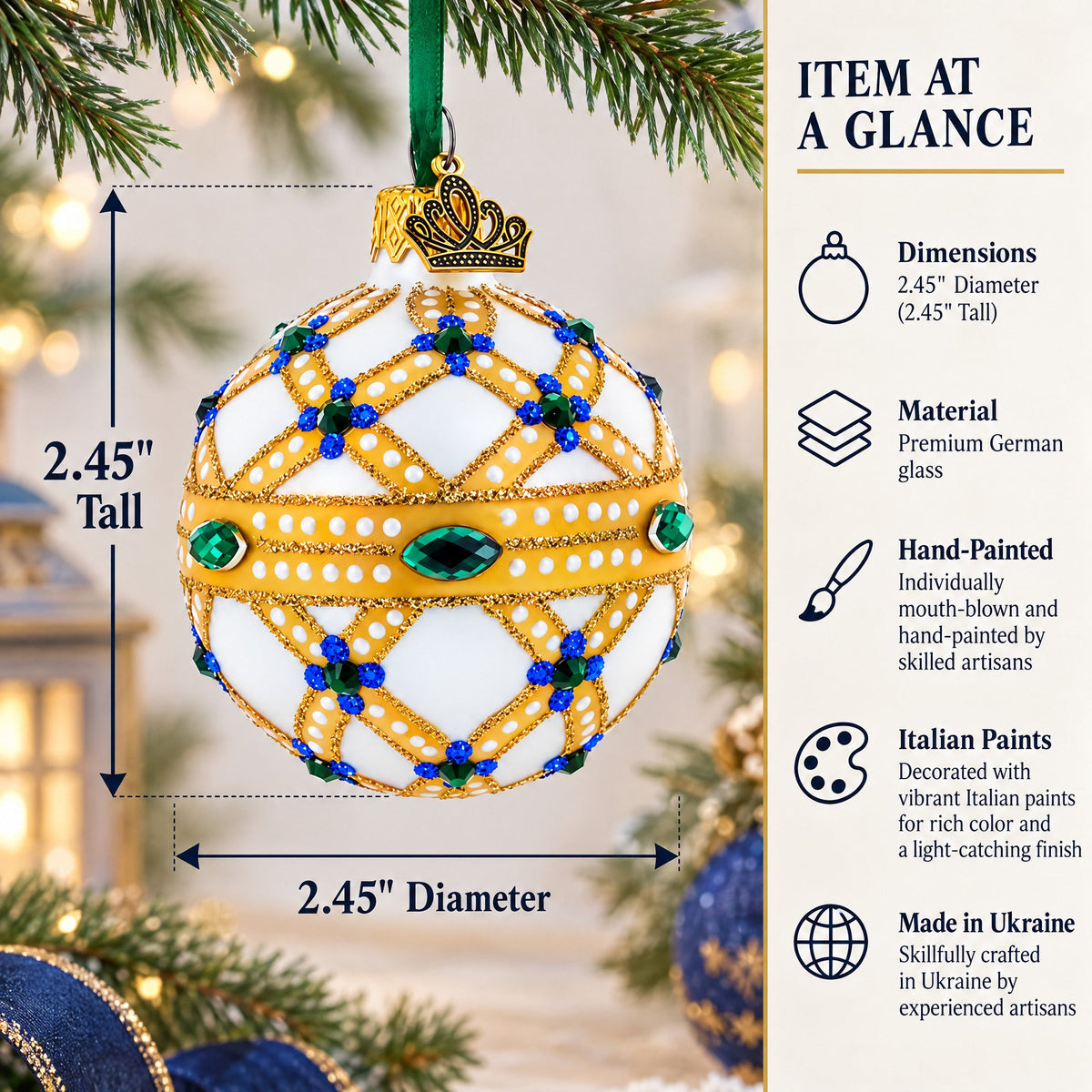 Yellow Trellis, Green Gems & Royal Blue Accents Glass Ball Christmas Ornament 2.4 Inches