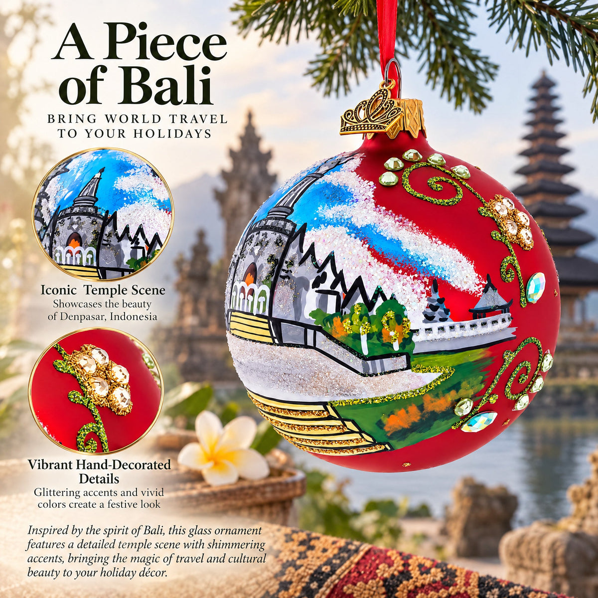 Balinese Temple, Denpasar, Indonesia Glass Ball Christmas Ornament 3.25 Inches
