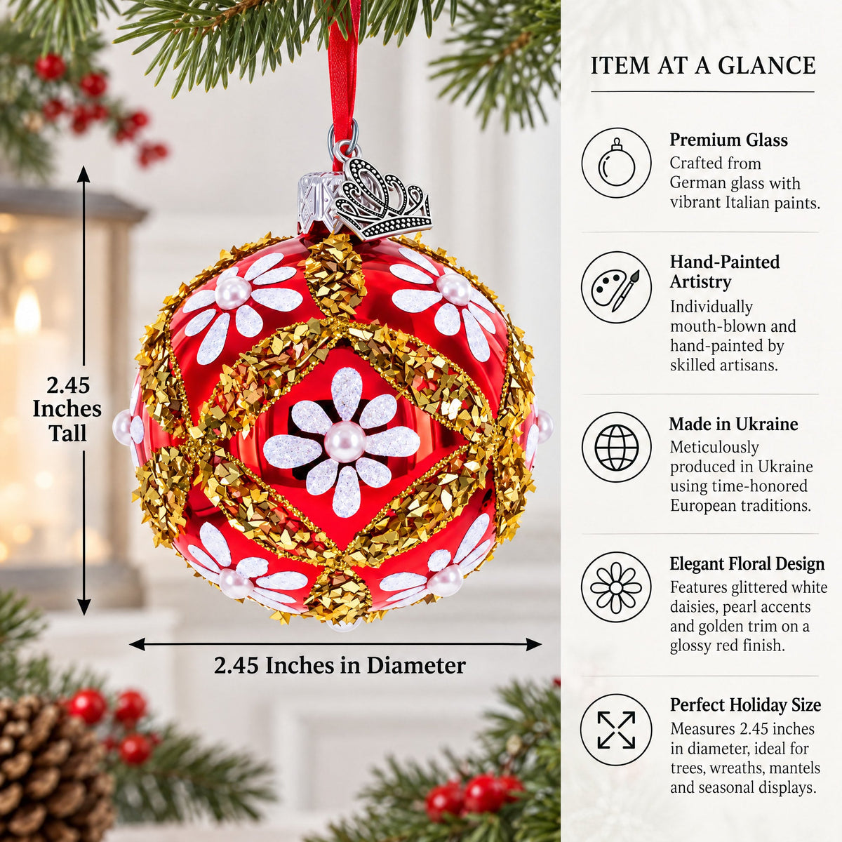 White Glitter Daisies and Pearls on Glossy Red with Gold Trim Glass Ball Christmas Ornament