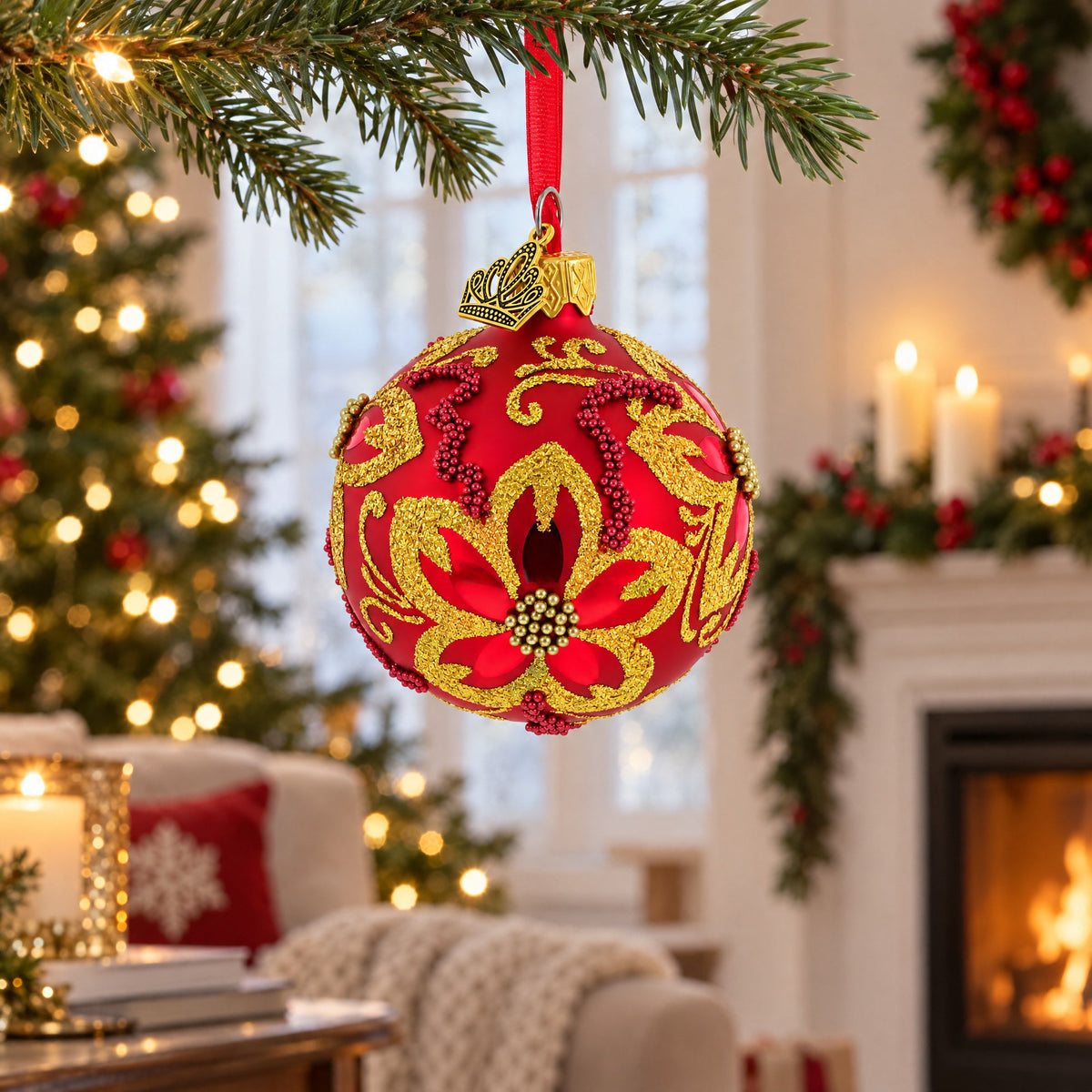 Gold Glitter Floral Scrolls and Beaded Petals on Red Glass Ball Christmas Ornament