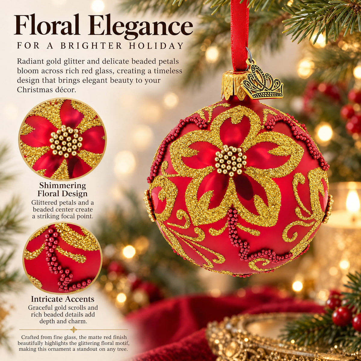 Gold Glitter Floral Scrolls and Beaded Petals on Red Glass Ball Christmas Ornament