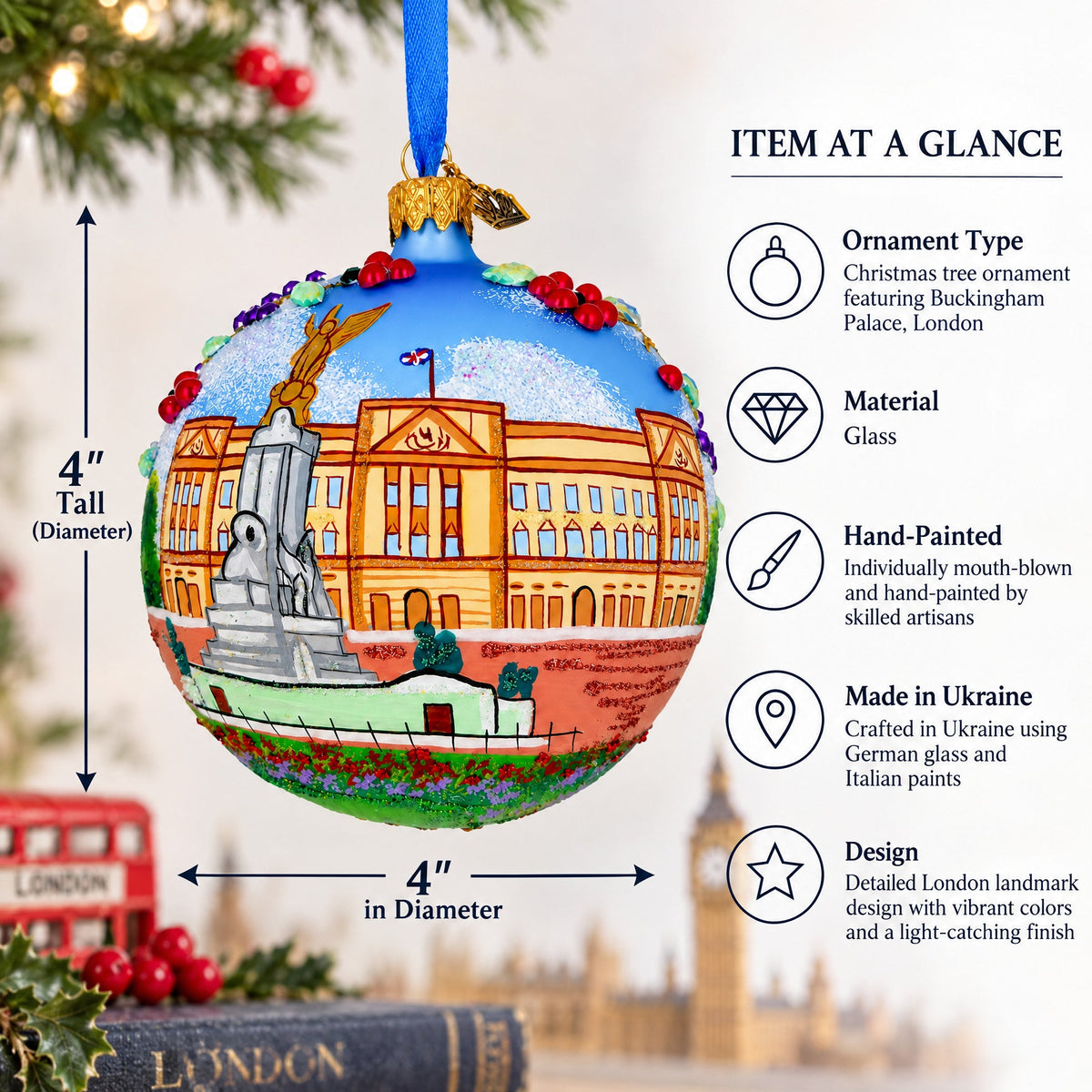 Buckingham Palace, London Landmark, UK Glass Ball Christmas Ornament