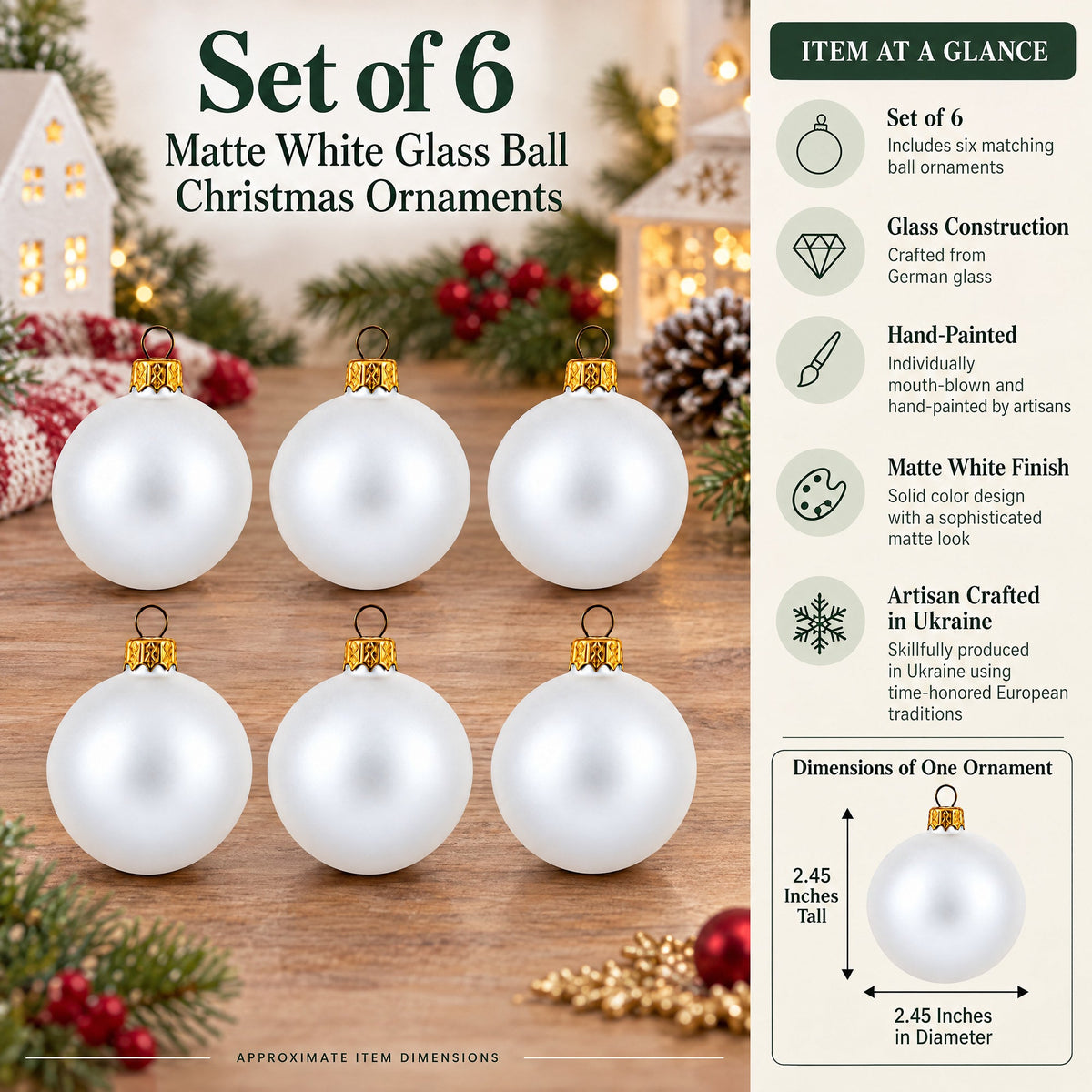 Set of 6 Matte White Glass Ball Christmas Ornaments 2.4 Inches