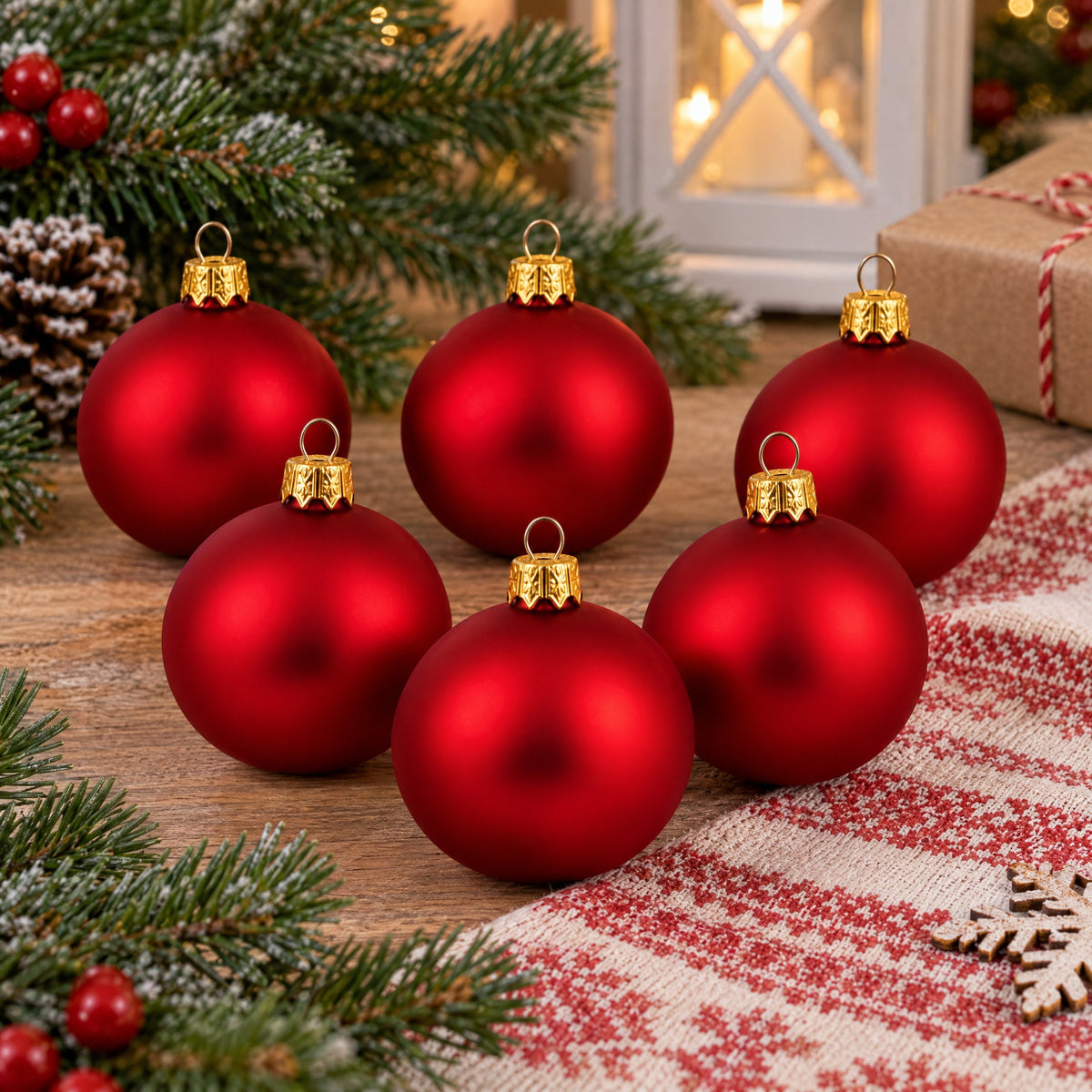 Set of 6 Matte Red Glass Ball Christmas Ornaments 2.4 Inches