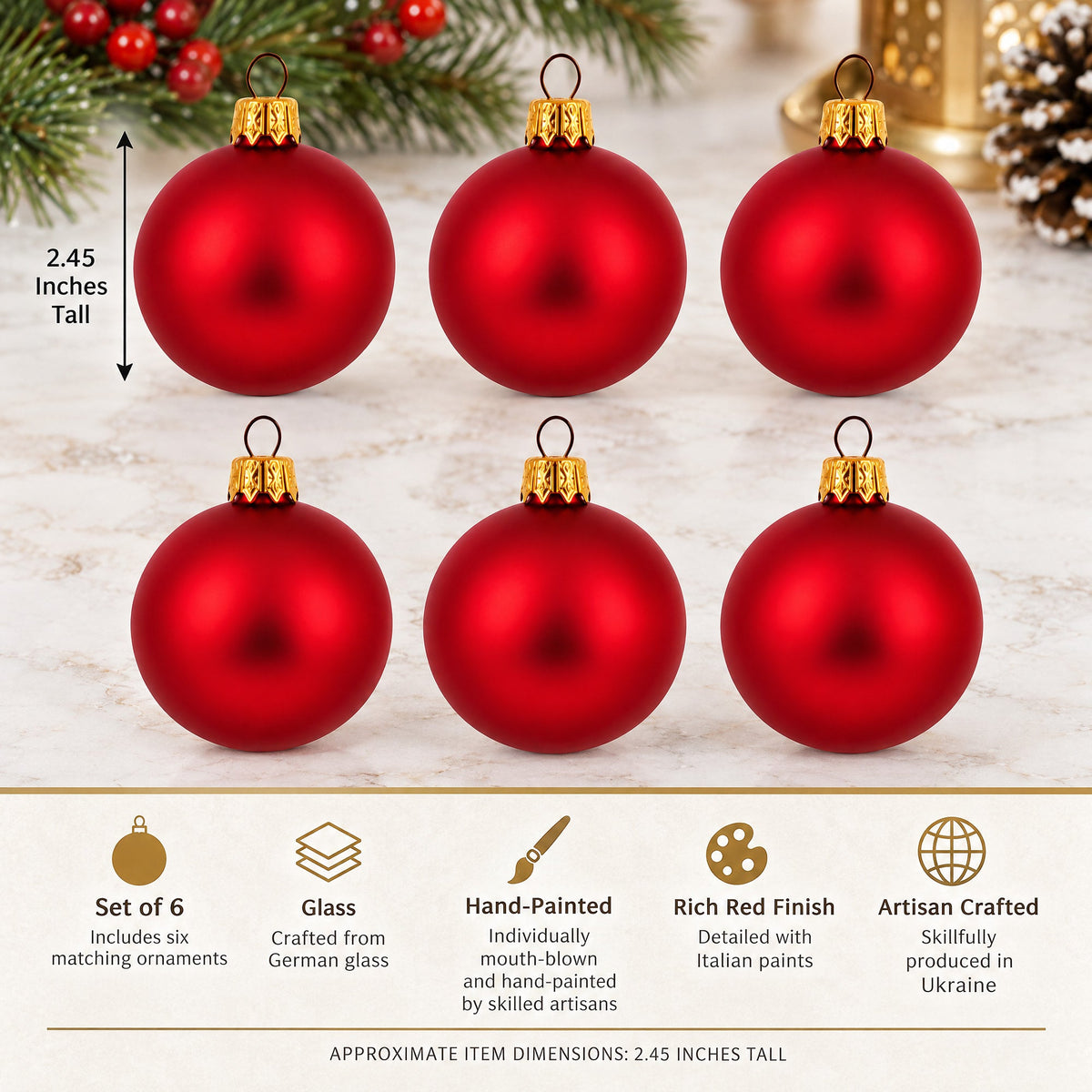 Set of 6 Matte Red Glass Ball Christmas Ornaments 2.4 Inches