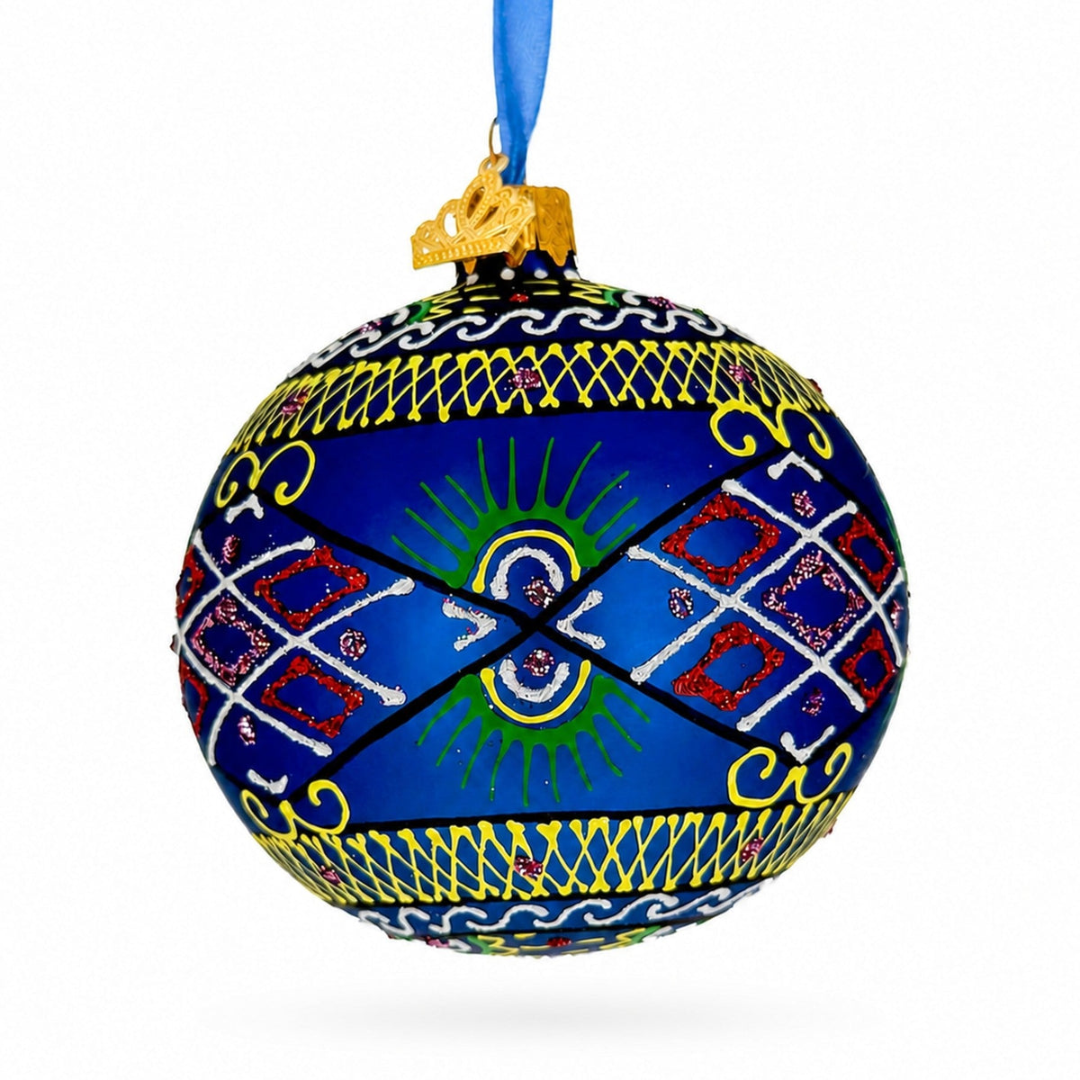 Blue Geometric Ukrainian Glass Ball Christmas Ornament 3.25 Inches