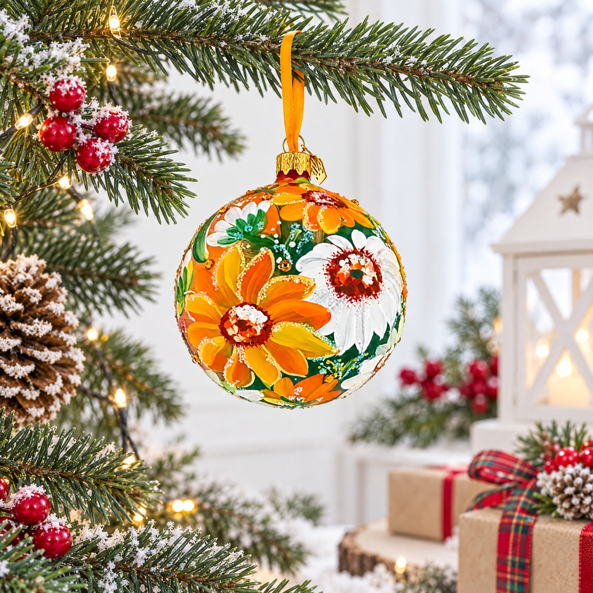 Golden Daisy Garden Blossom Translucent Glass Ball Christmas Ornament