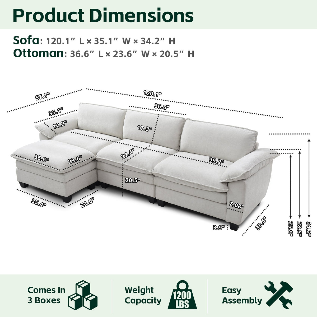 L Shape Living Room Sofa with Ottoman in Soft Chenille Beige - view 11