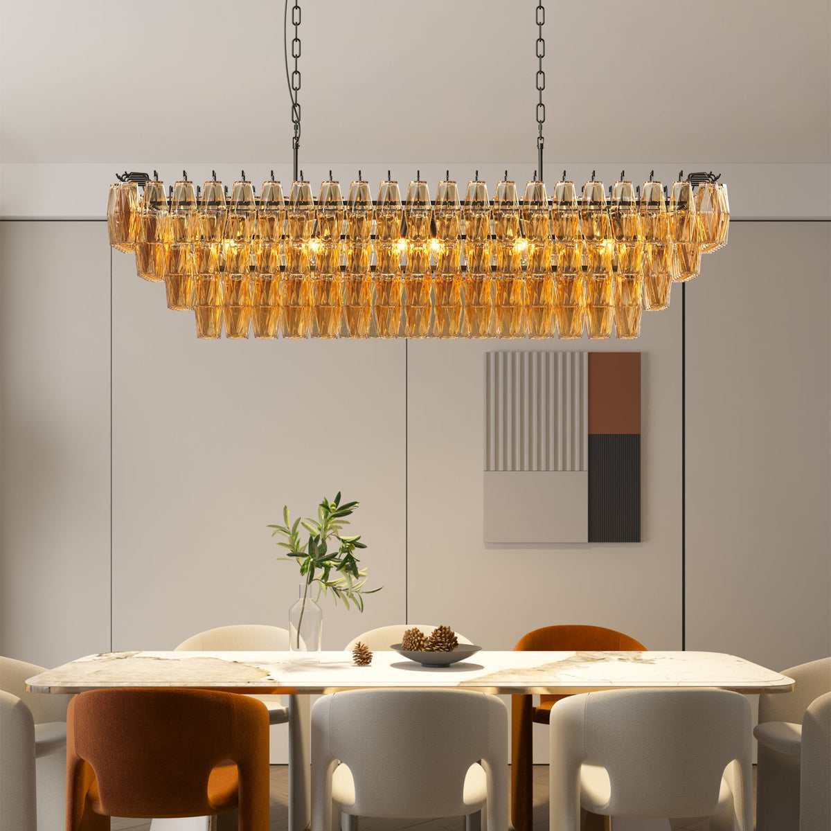 LIGHTING COMMUNE 54-Inch Black Rectangular 12-Light Chandelier with Smoke Glass