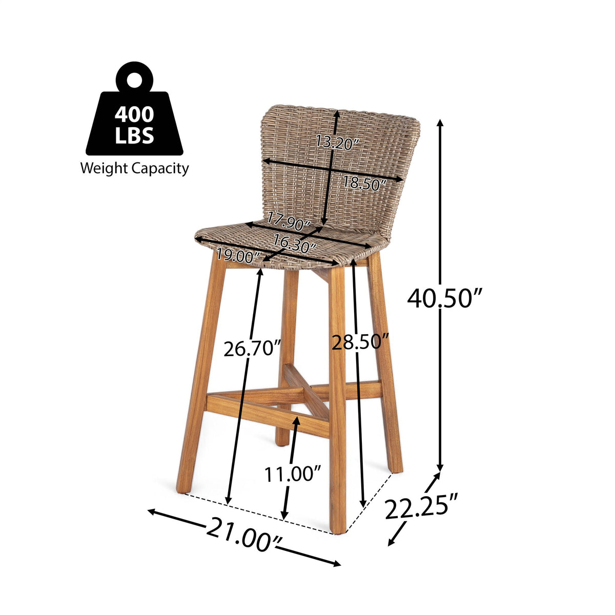 Lymington Outdoor Bar Stool Set of 2 with Acacia and Rattan