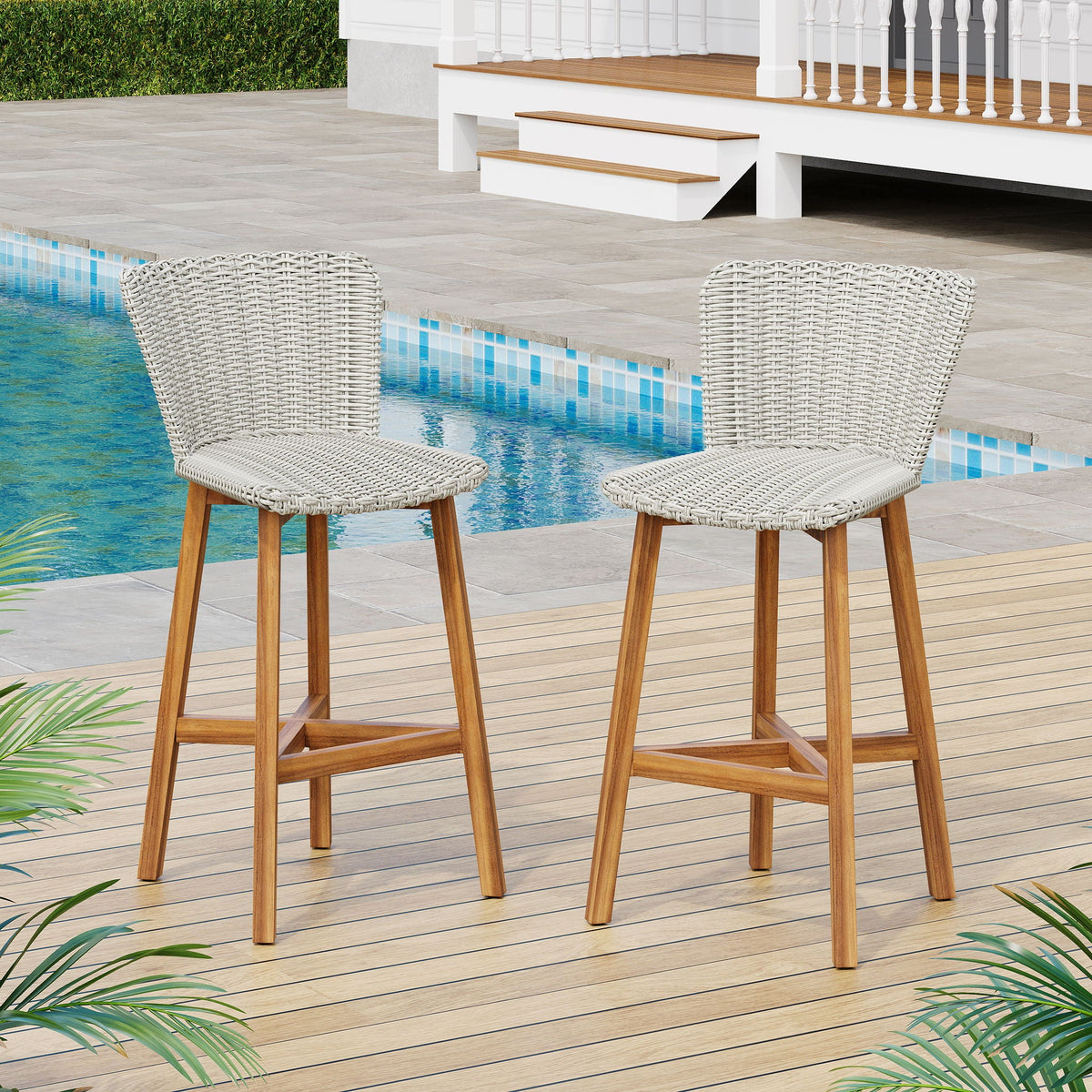 Lymington Outdoor Bar Stool Set of 2 with Acacia and Rattan - view 2