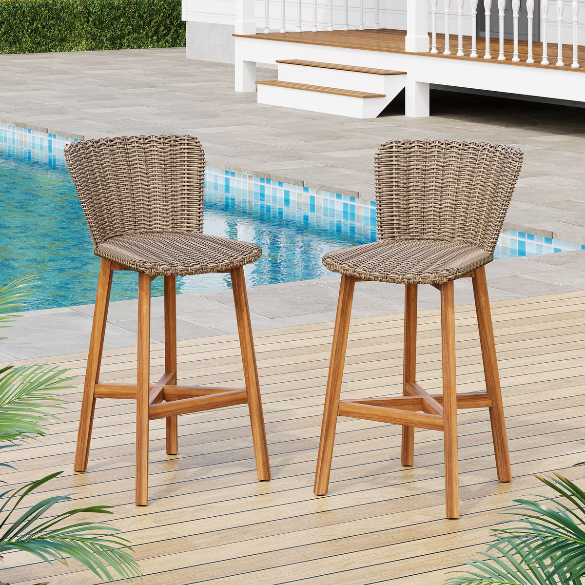 Lymington Outdoor Bar Stool Set of 2 with Acacia and Rattan - view 5