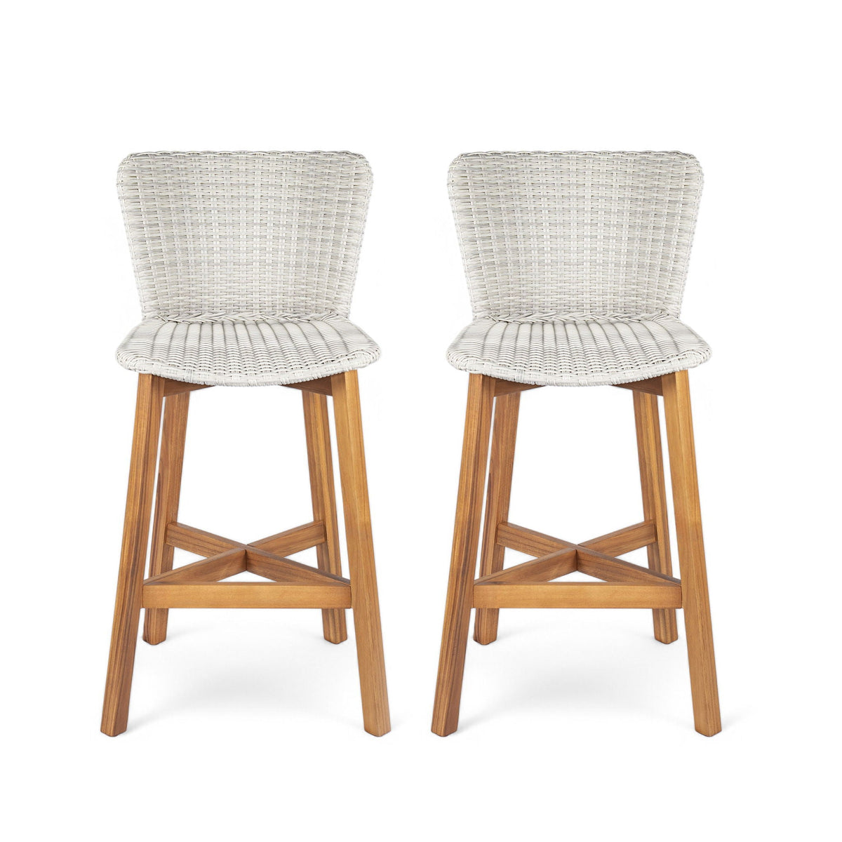 Lymington Outdoor Bar Stool Set of 2 with Acacia and Rattan in Gray