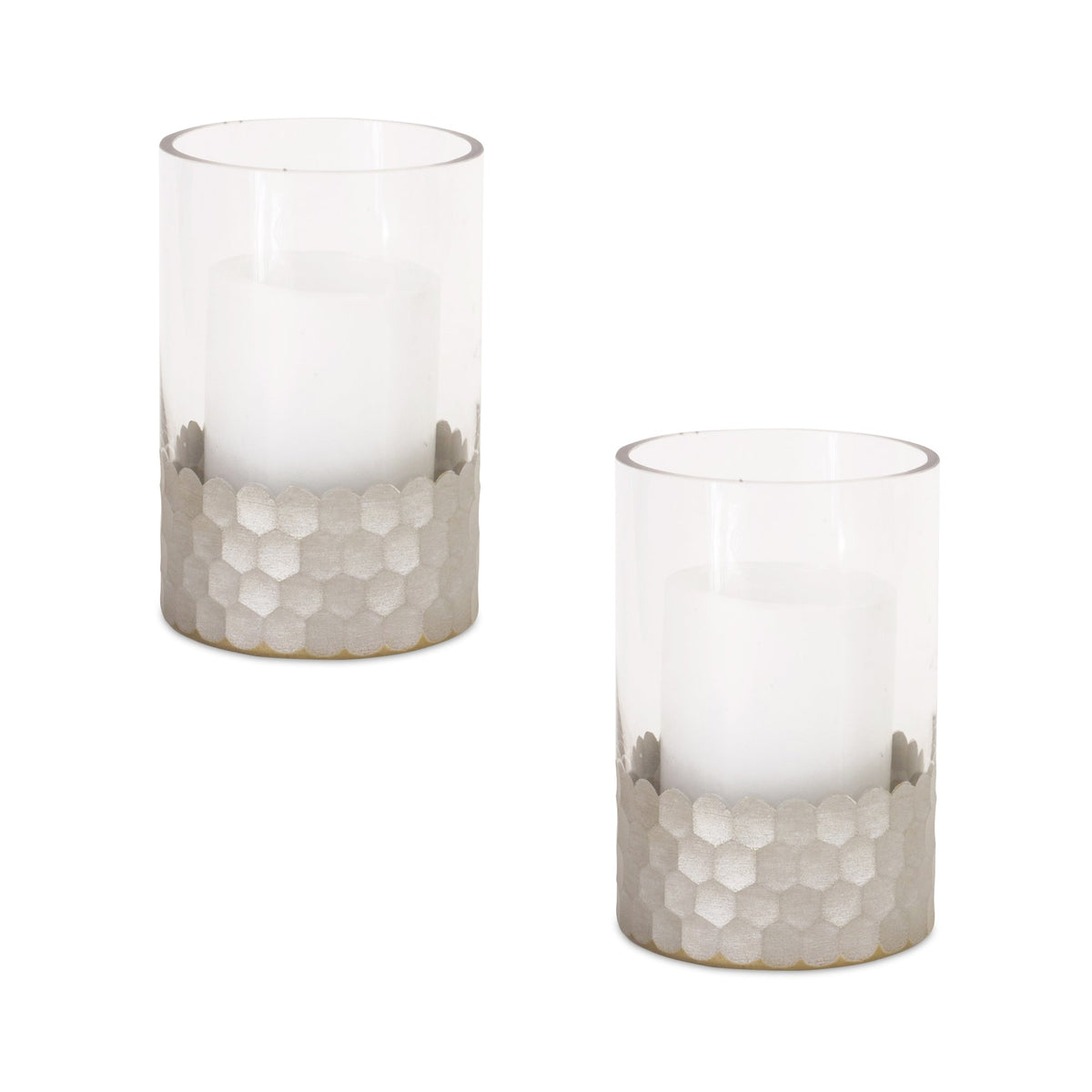 Melrose International Glass Hurricane Candle Holder with Honeycomb (Set of 2) in Gray