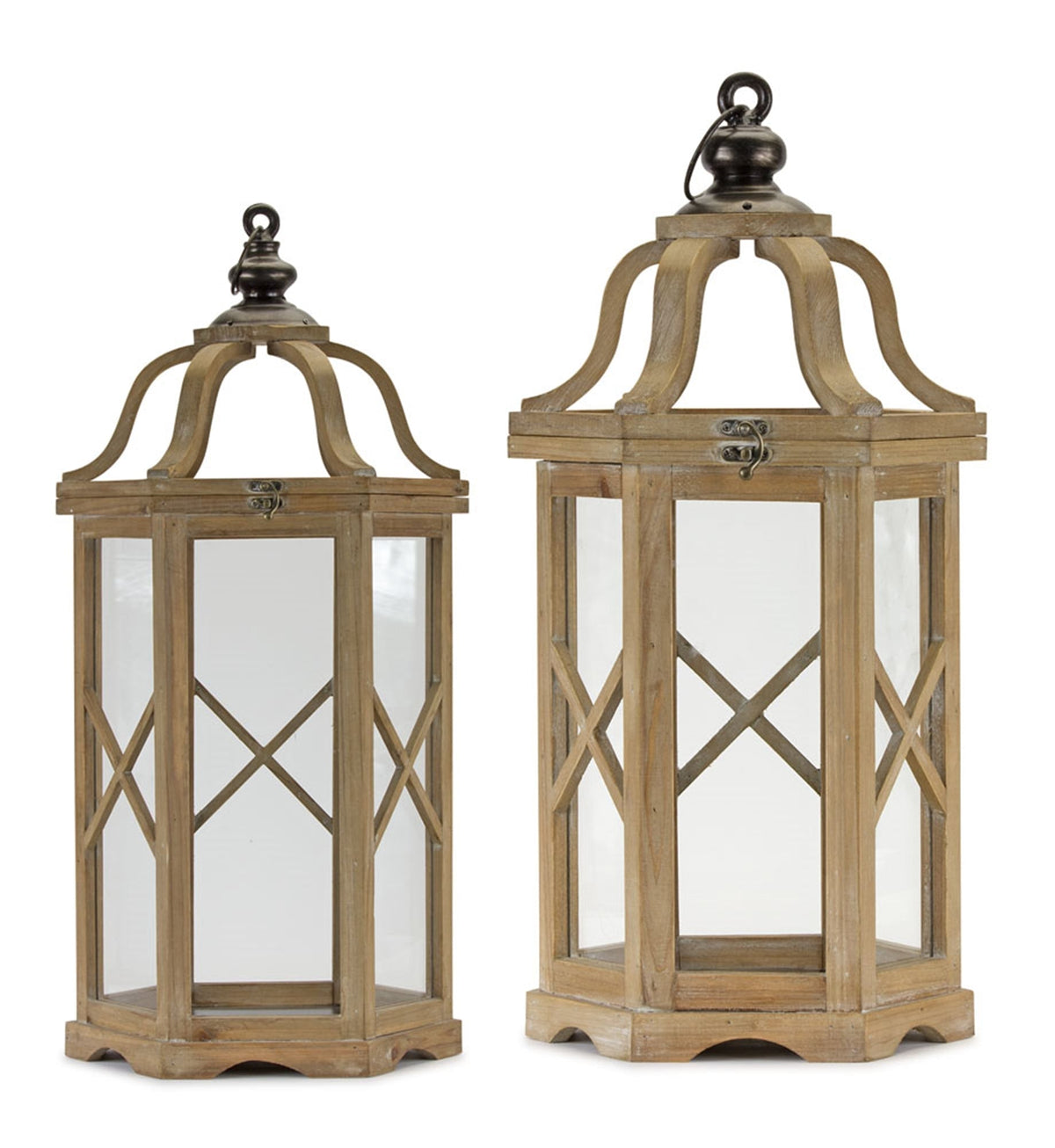 Melrose International Natural Wood Hexagon Lantern with Curved Top (Set of 2) in Brown