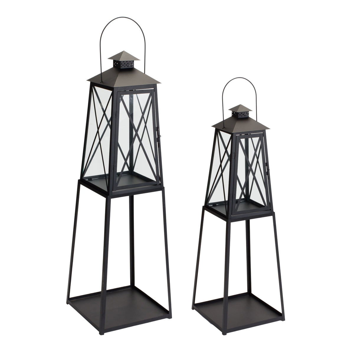Melrose International Traditional Metal Lantern with Tapered Stand (Set of 2) in Black