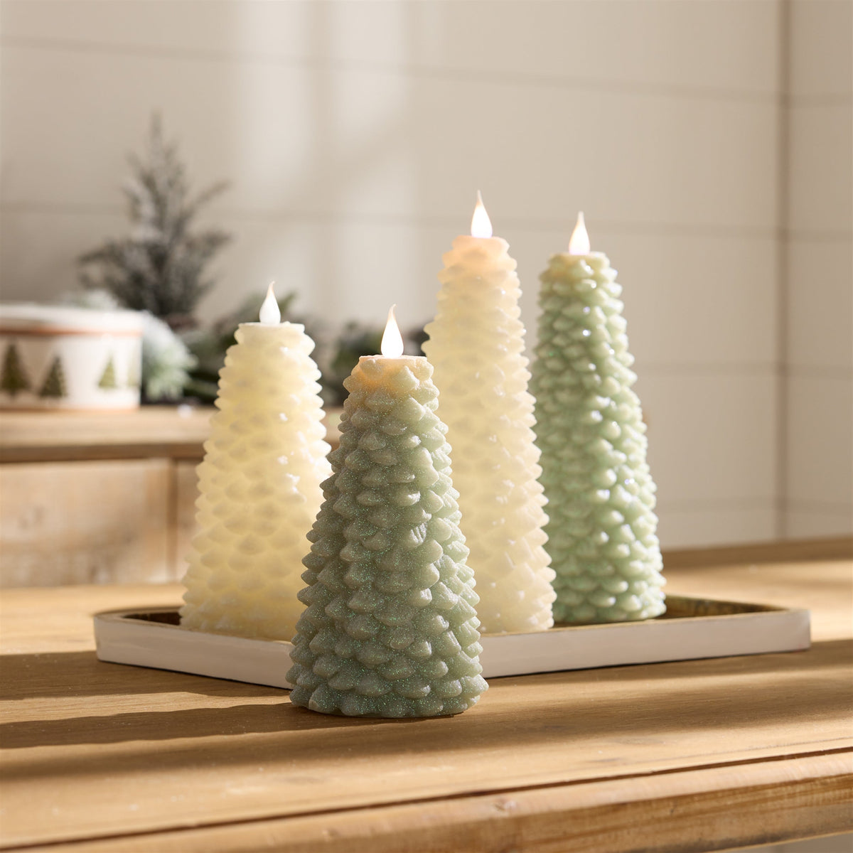Melrose International White glittered pine tree candle 8"h