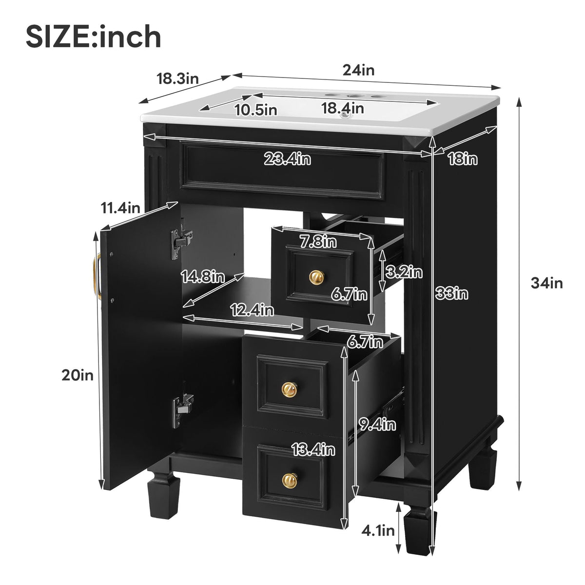 MRS Compact Bathroom Vanity with Ceramic Sink and Storage Drawers - view 11