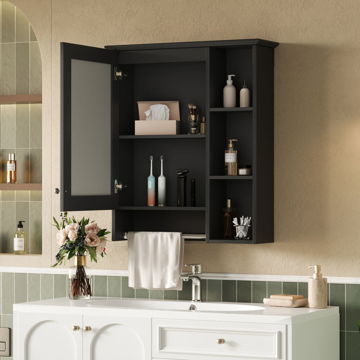 MRS Modern 3 In 1 Bathroom Mirror Cabinet with Adjustable Shelf and Towel Bar